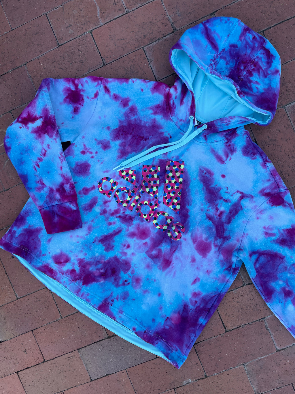 XL Women's adidas Galaxy Ice Dye Tie Dye Long Sleeve Pullover Hoodie | One-Of-a-Kind Upcycled Blue and Purple Sweatshirt