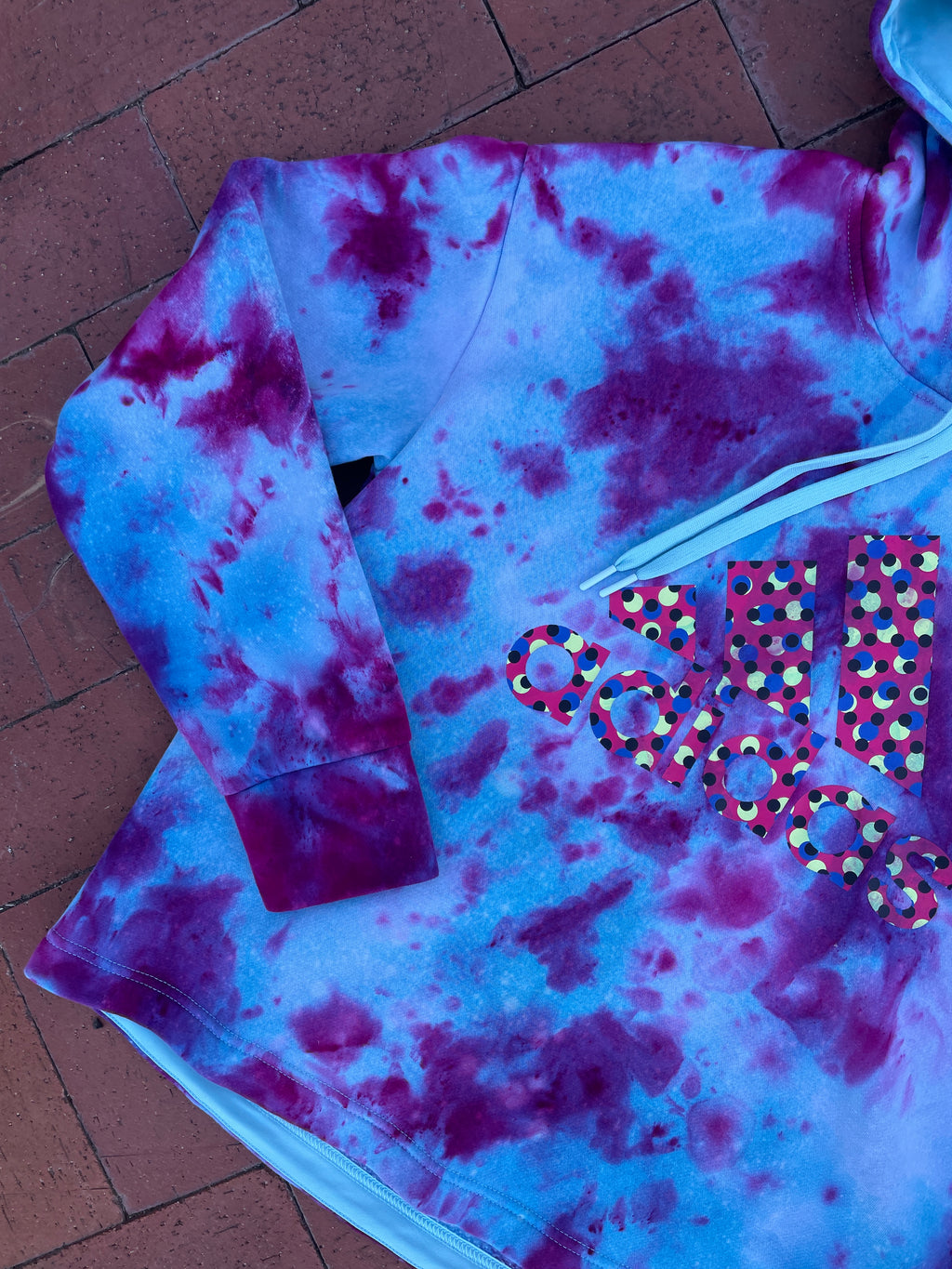 XL Women's adidas Galaxy Ice Dye Tie Dye Long Sleeve Pullover Hoodie | One-Of-a-Kind Upcycled Blue and Purple Sweatshirt