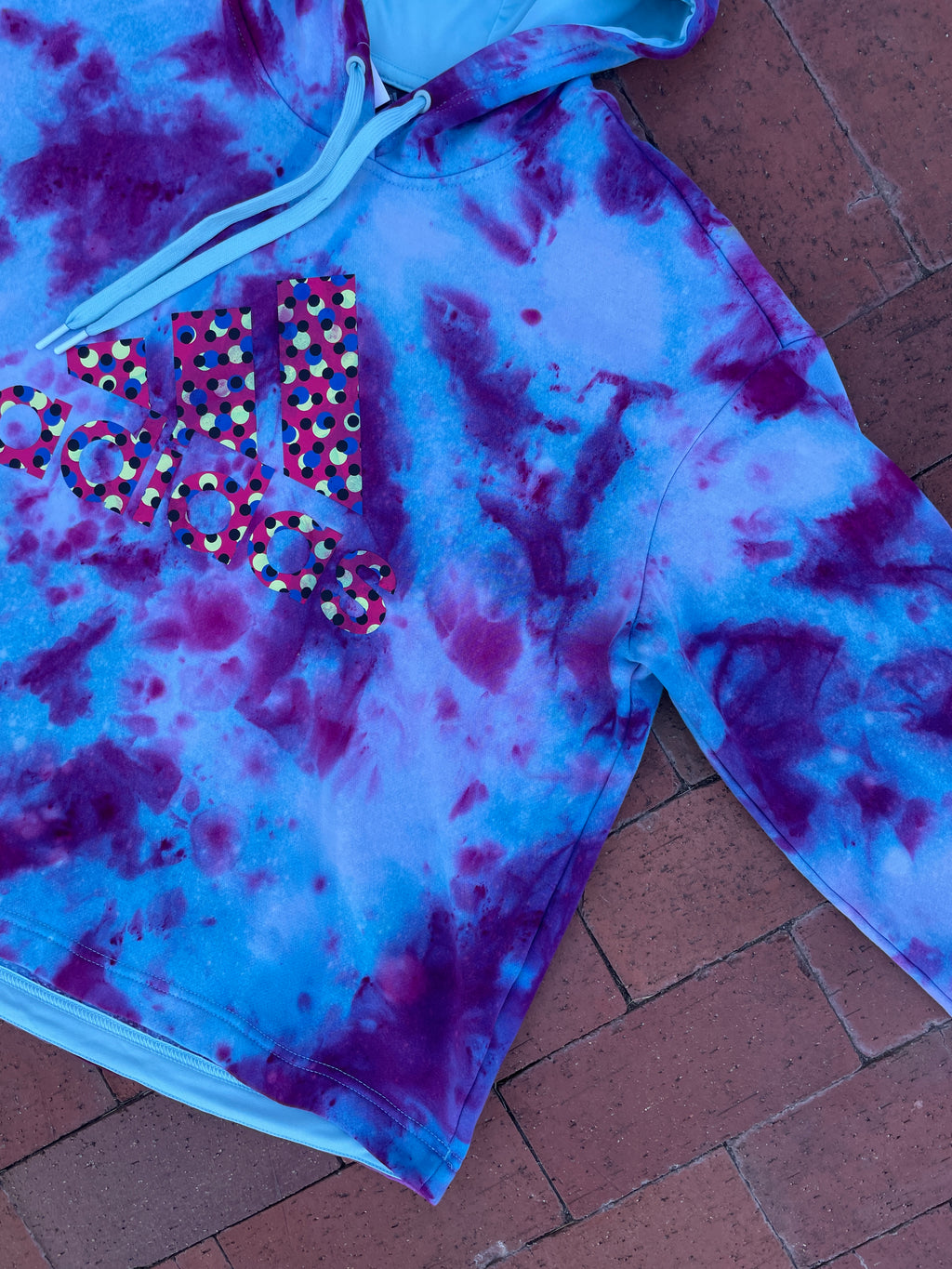 XL Women's adidas Galaxy Ice Dye Tie Dye Long Sleeve Pullover Hoodie | One-Of-a-Kind Upcycled Blue and Purple Sweatshirt