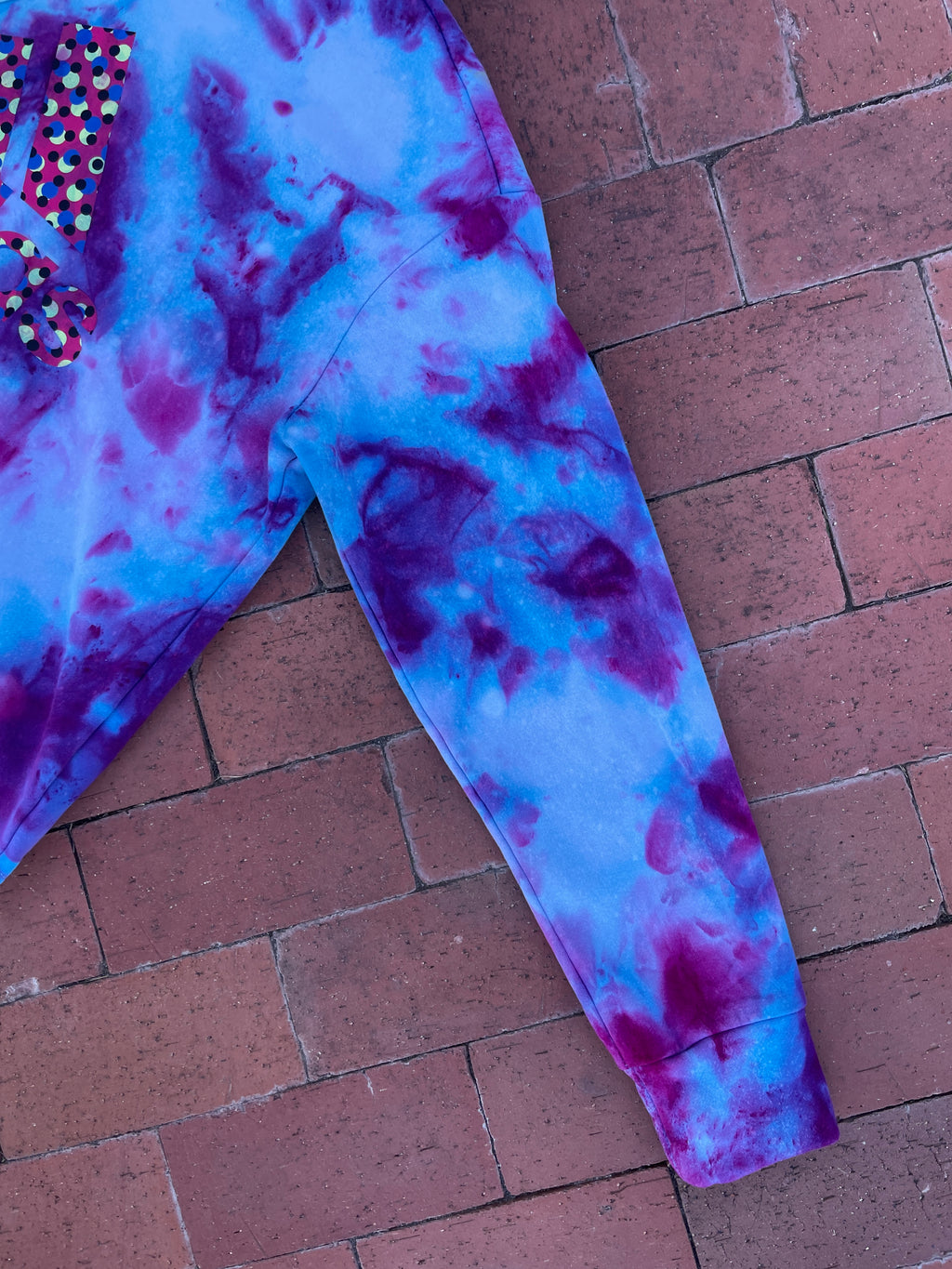 XL Women's adidas Galaxy Ice Dye Tie Dye Long Sleeve Pullover Hoodie | One-Of-a-Kind Upcycled Blue and Purple Sweatshirt