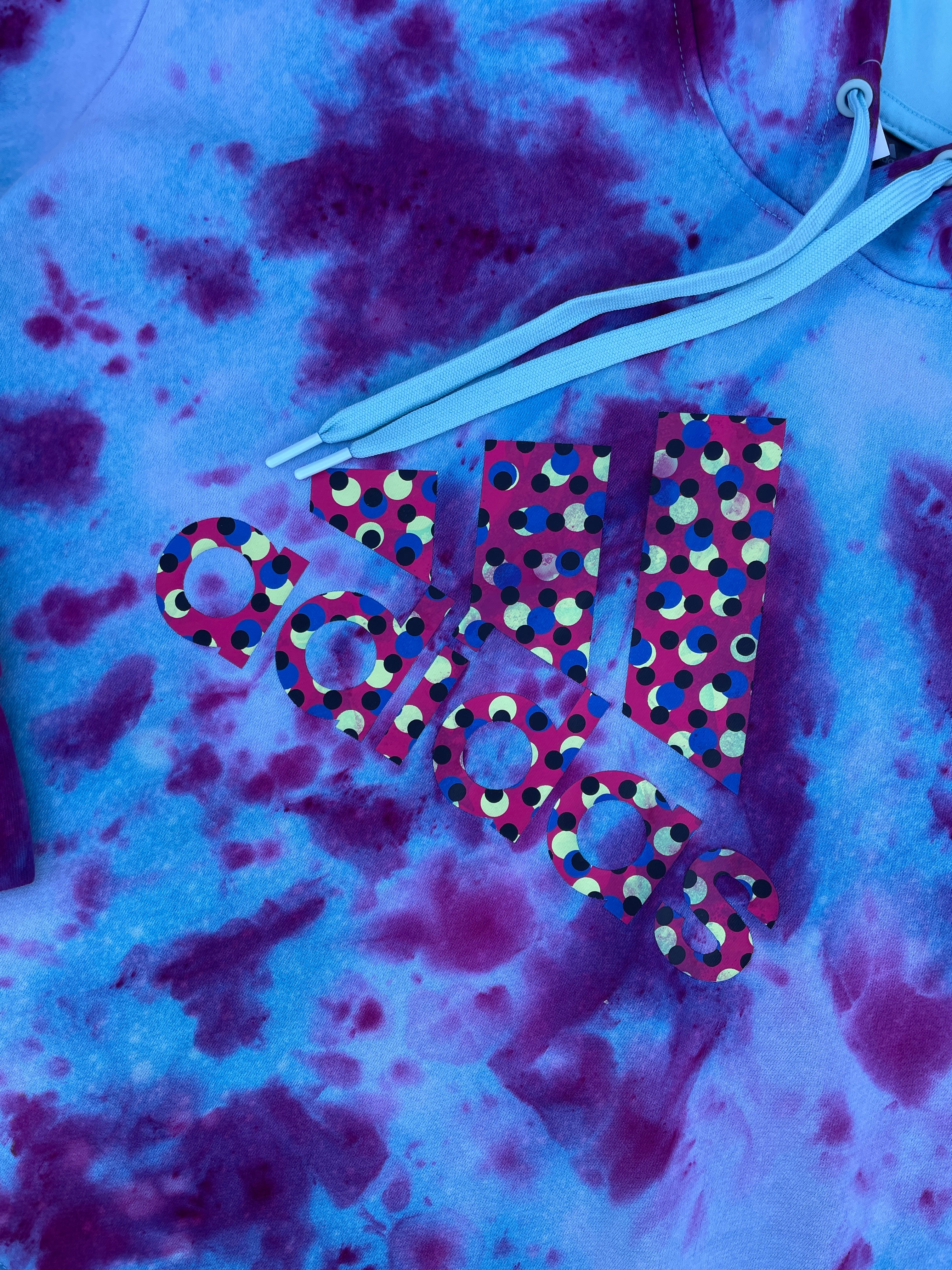 XL Women's adidas Galaxy Ice Dye Tie Dye Long Sleeve Pullover Hoodie | One-Of-a-Kind Upcycled Blue and Purple Sweatshirt