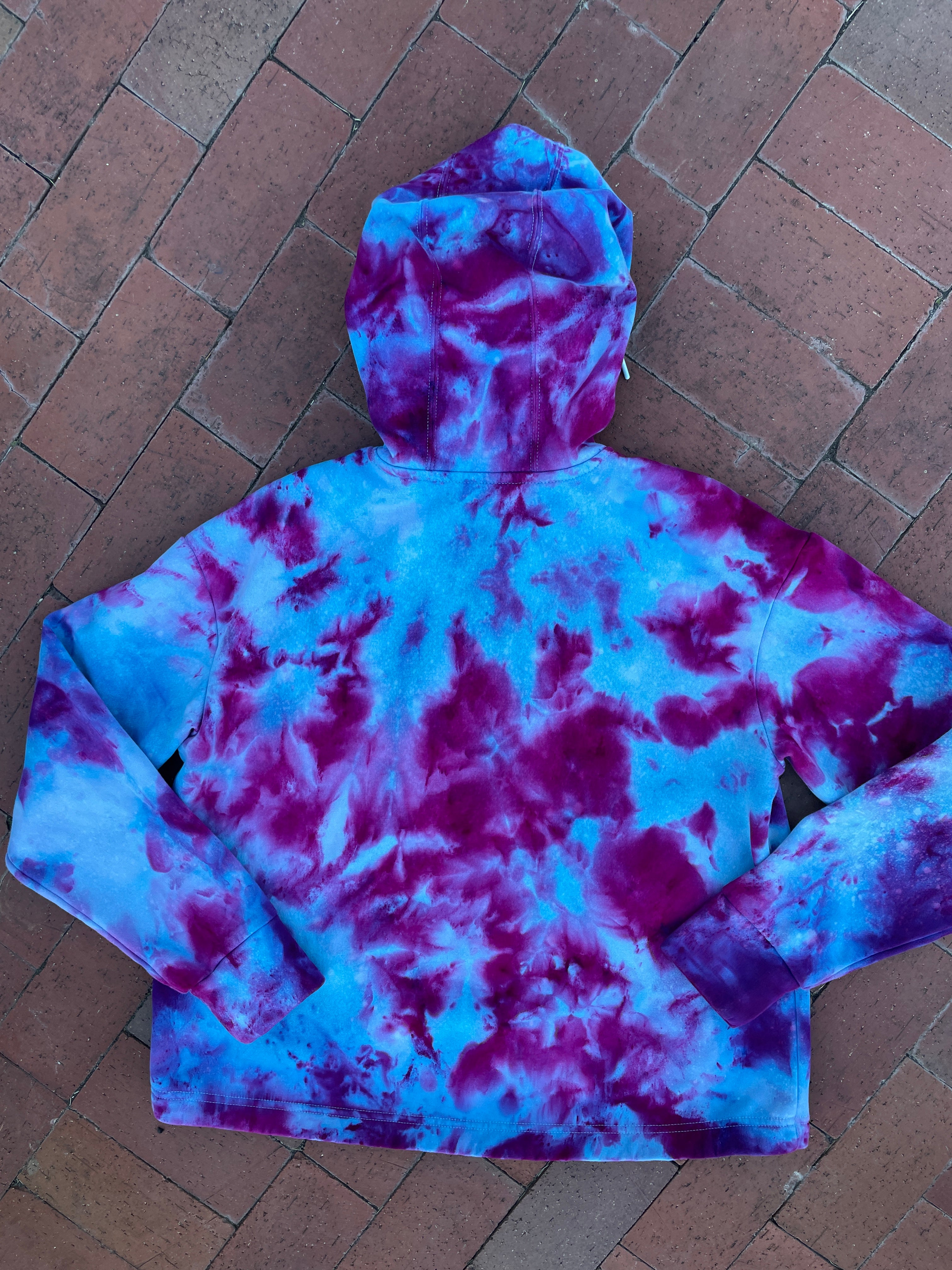 XL Women's adidas Galaxy Ice Dye Tie Dye Long Sleeve Pullover Hoodie | One-Of-a-Kind Upcycled Blue and Purple Sweatshirt