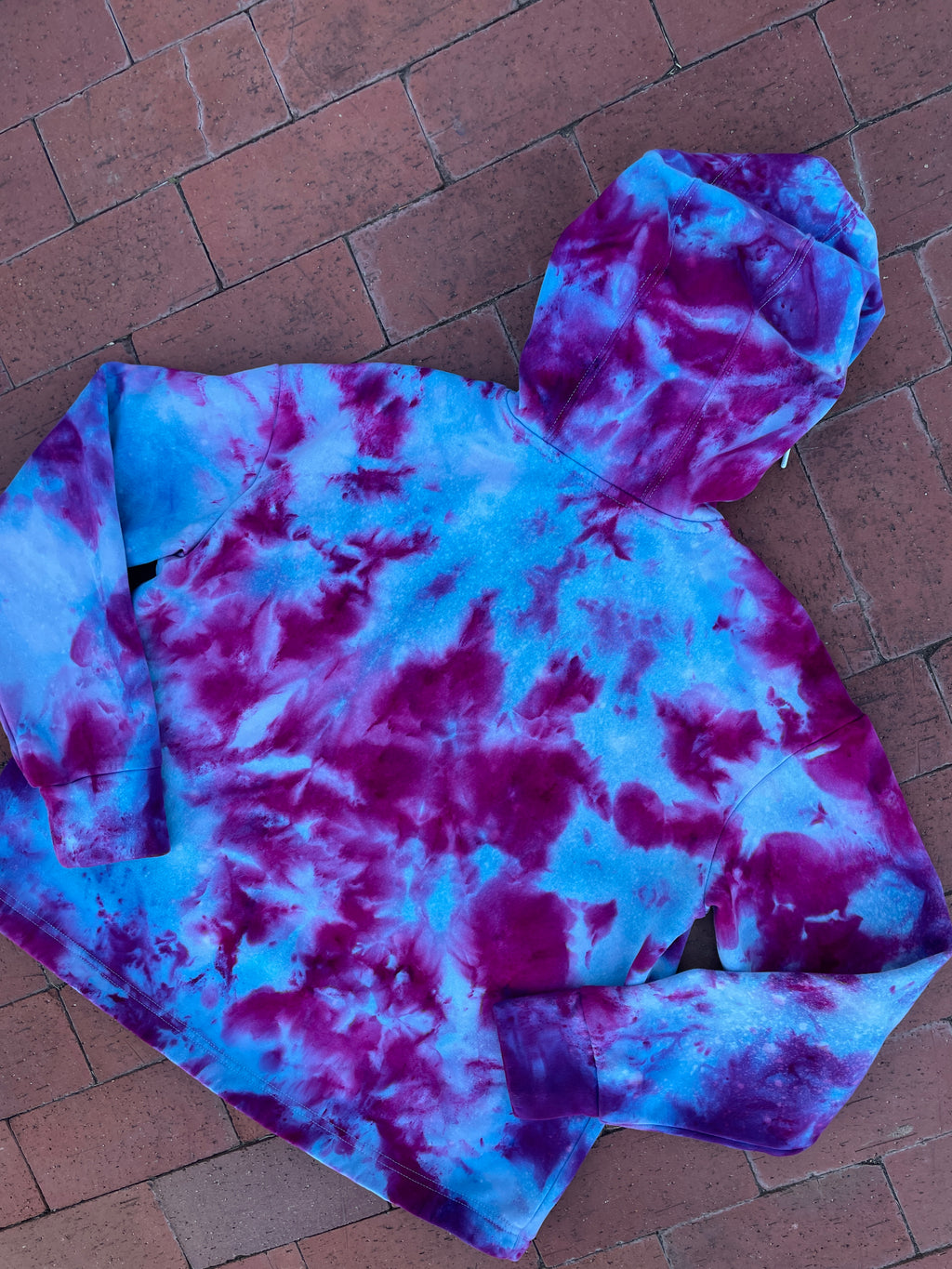 XL Women's adidas Galaxy Ice Dye Tie Dye Long Sleeve Pullover Hoodie | One-Of-a-Kind Upcycled Blue and Purple Sweatshirt