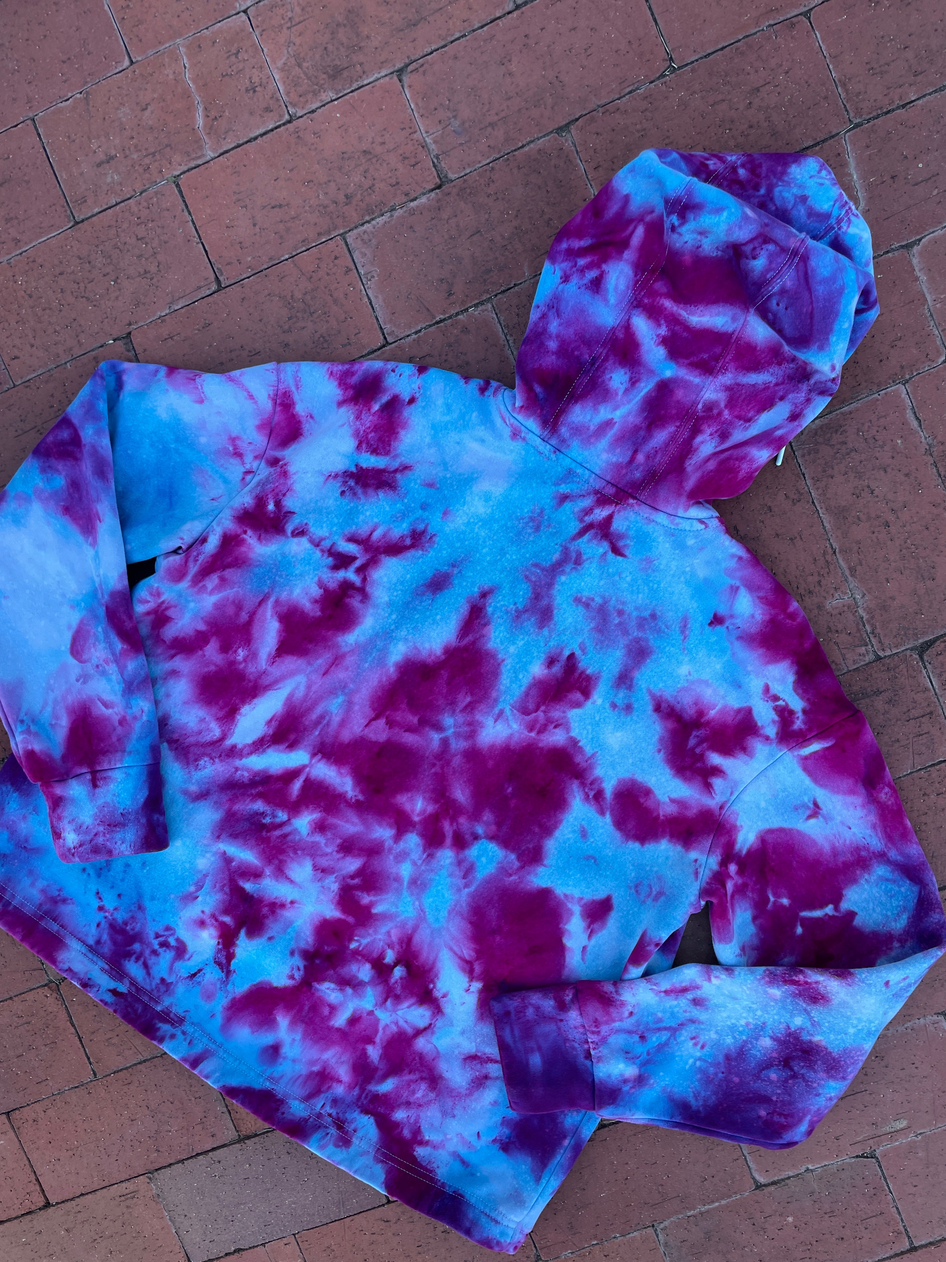XL Women's adidas Galaxy Ice Dye Tie Dye Long Sleeve Pullover Hoodie | One-Of-a-Kind Upcycled Blue and Purple Sweatshirt
