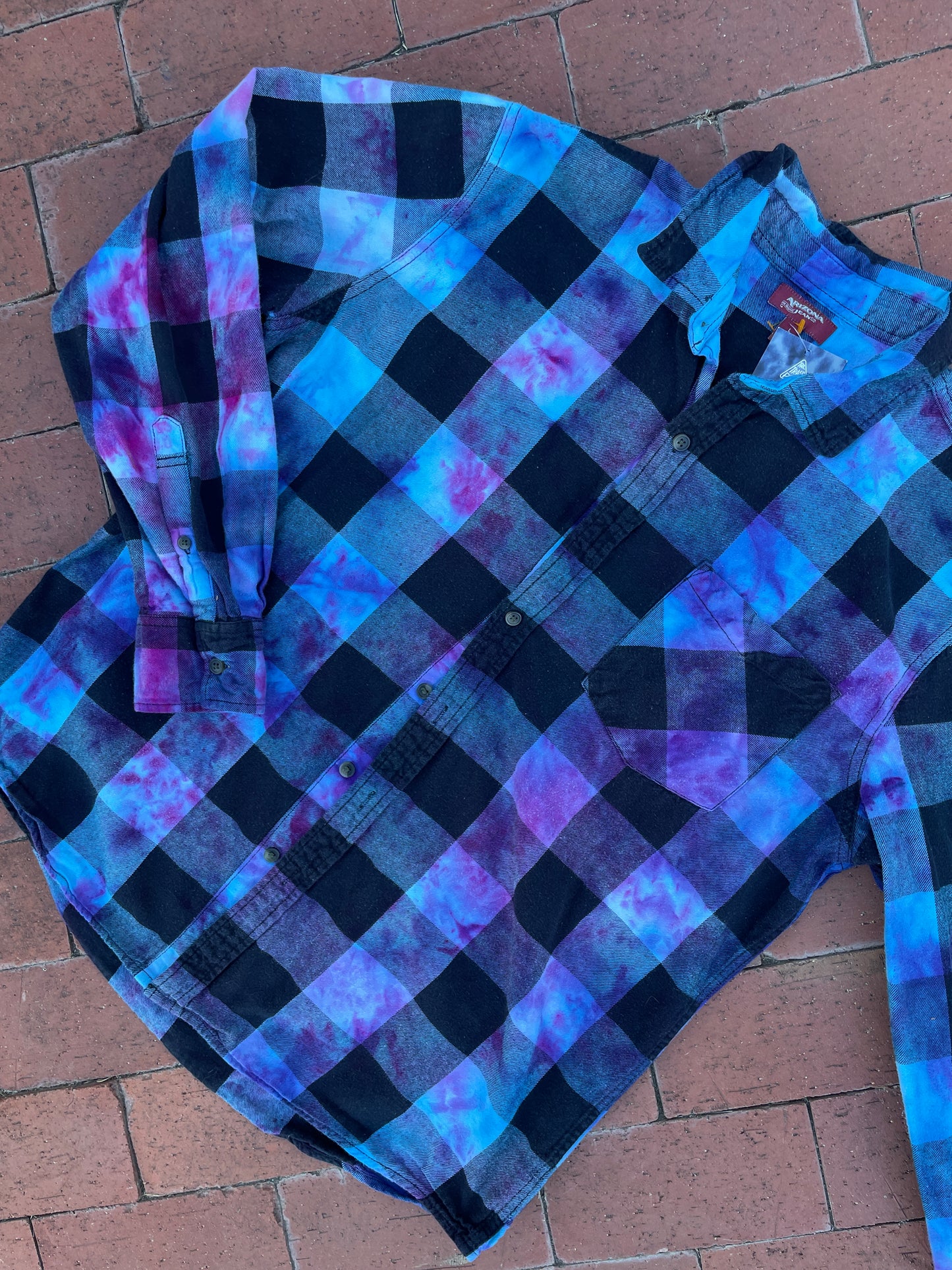 LARGE Women’s Galaxy Buffalo Plaid Handmade Tie Dye Flannel Shirt | One-Of-a-Kind Upcycled Blue and Purple Long Sleeve