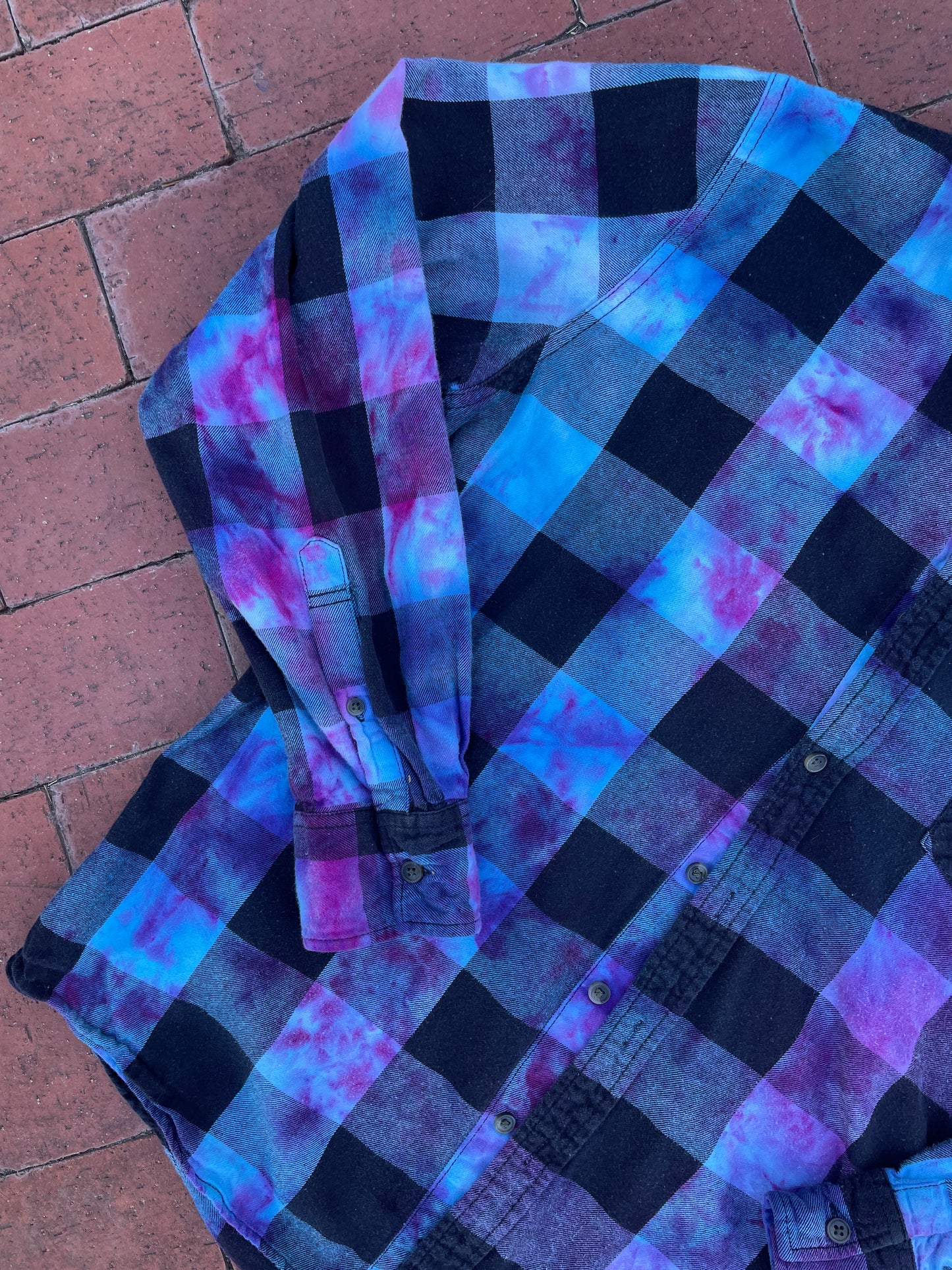 LARGE Women’s Galaxy Buffalo Plaid Handmade Tie Dye Flannel Shirt | One-Of-a-Kind Upcycled Blue and Purple Long Sleeve
