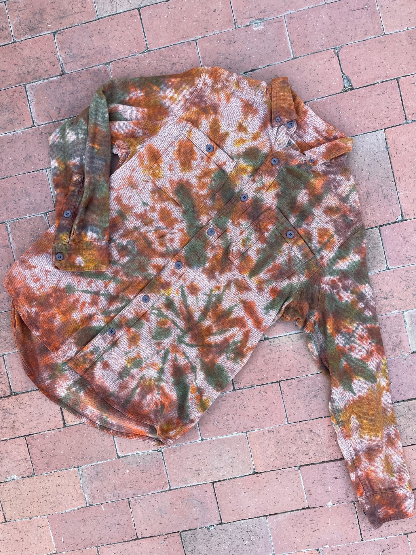 LARGE Men’s Duluth Trading Co Orange and Brown Handmade Tie Dye Flannel Shirt | One-Of-a-Kind Upcycled Earth Tones Long Sleeve