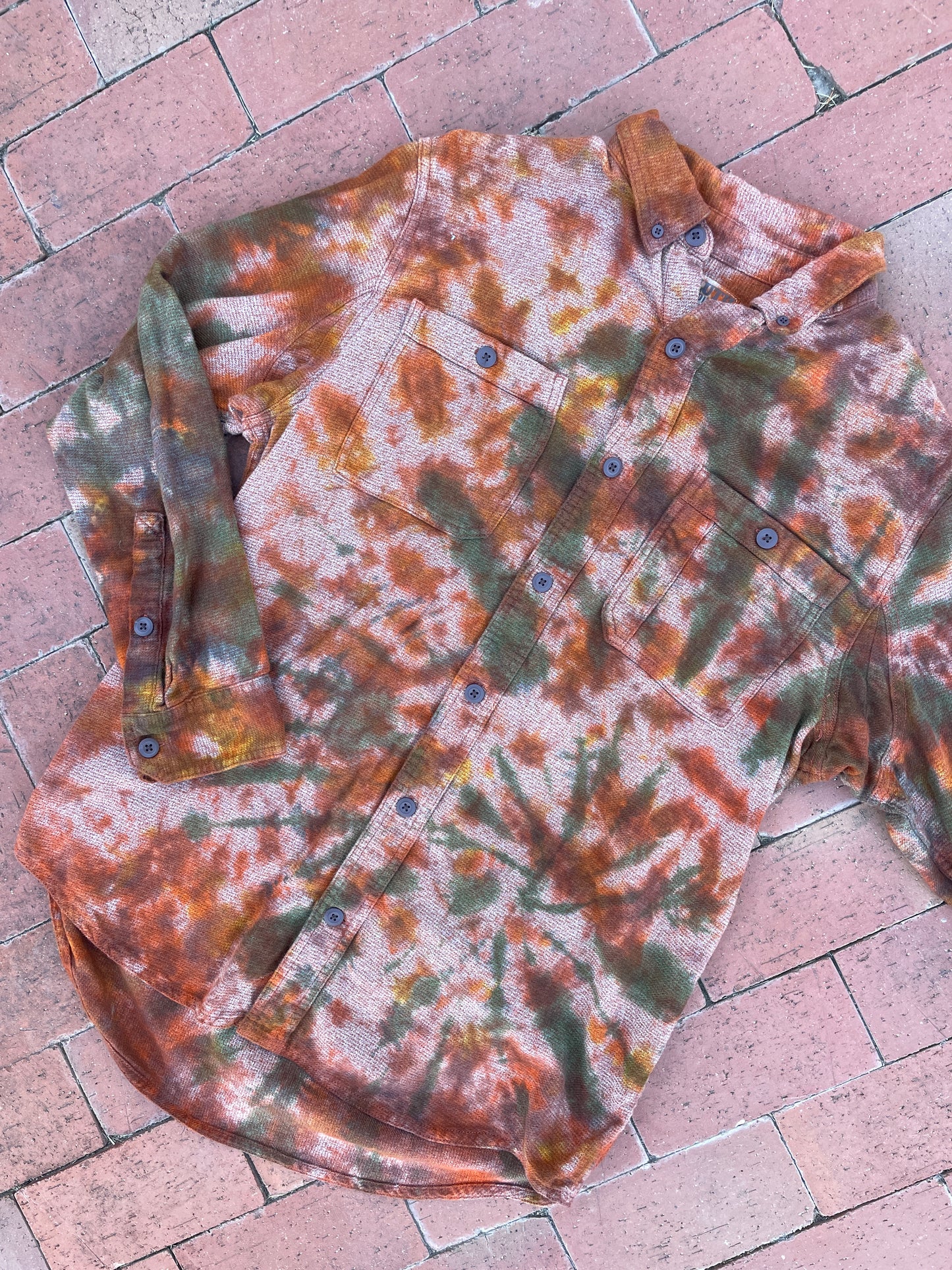 LARGE Men’s Duluth Trading Co Orange and Brown Handmade Tie Dye Flannel Shirt | One-Of-a-Kind Upcycled Earth Tones Long Sleeve