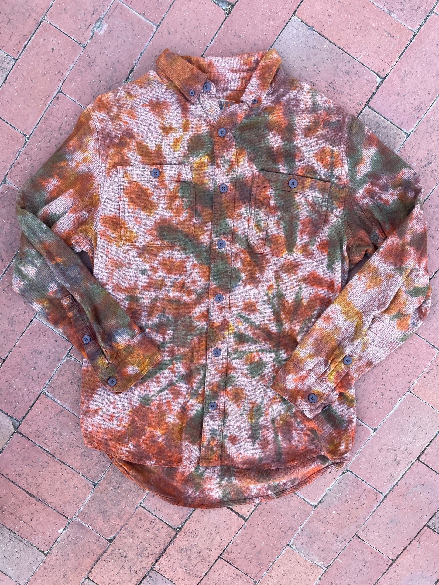 LARGE Men’s Duluth Trading Co Orange and Brown Handmade Tie Dye Flannel Shirt | One-Of-a-Kind Upcycled Earth Tones Long Sleeve