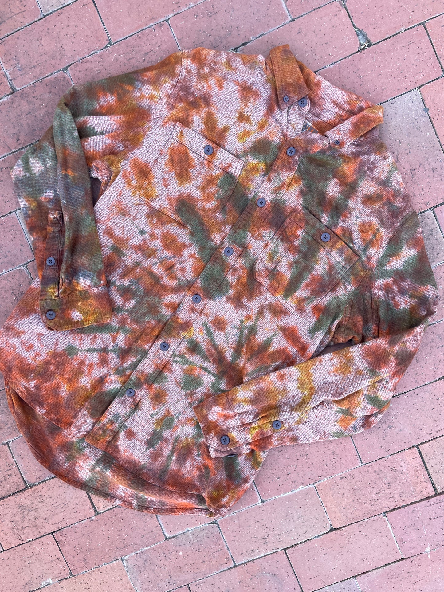 LARGE Men’s Duluth Trading Co Orange and Brown Handmade Tie Dye Flannel Shirt | One-Of-a-Kind Upcycled Earth Tones Long Sleeve