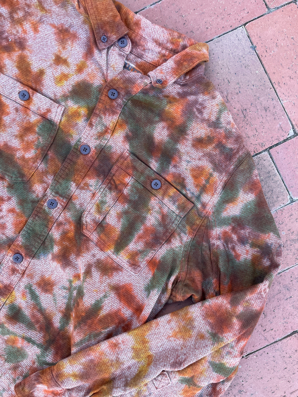 LARGE Men’s Duluth Trading Co Orange and Brown Handmade Tie Dye Flannel Shirt | One-Of-a-Kind Upcycled Earth Tones Long Sleeve