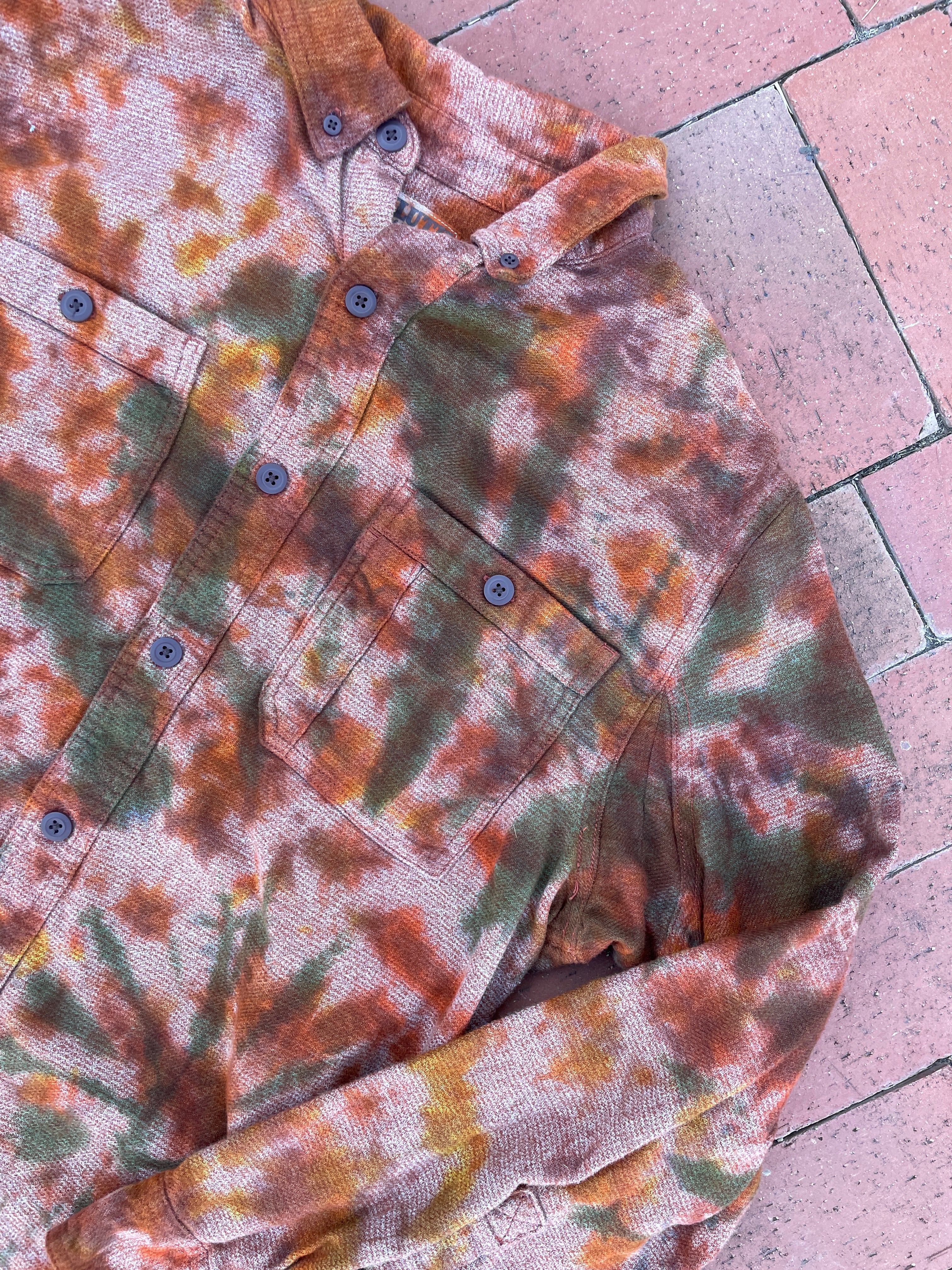 LARGE Men’s Duluth Trading Co Orange and Brown Handmade Tie Dye Flannel Shirt | One-Of-a-Kind Upcycled Earth Tones Long Sleeve