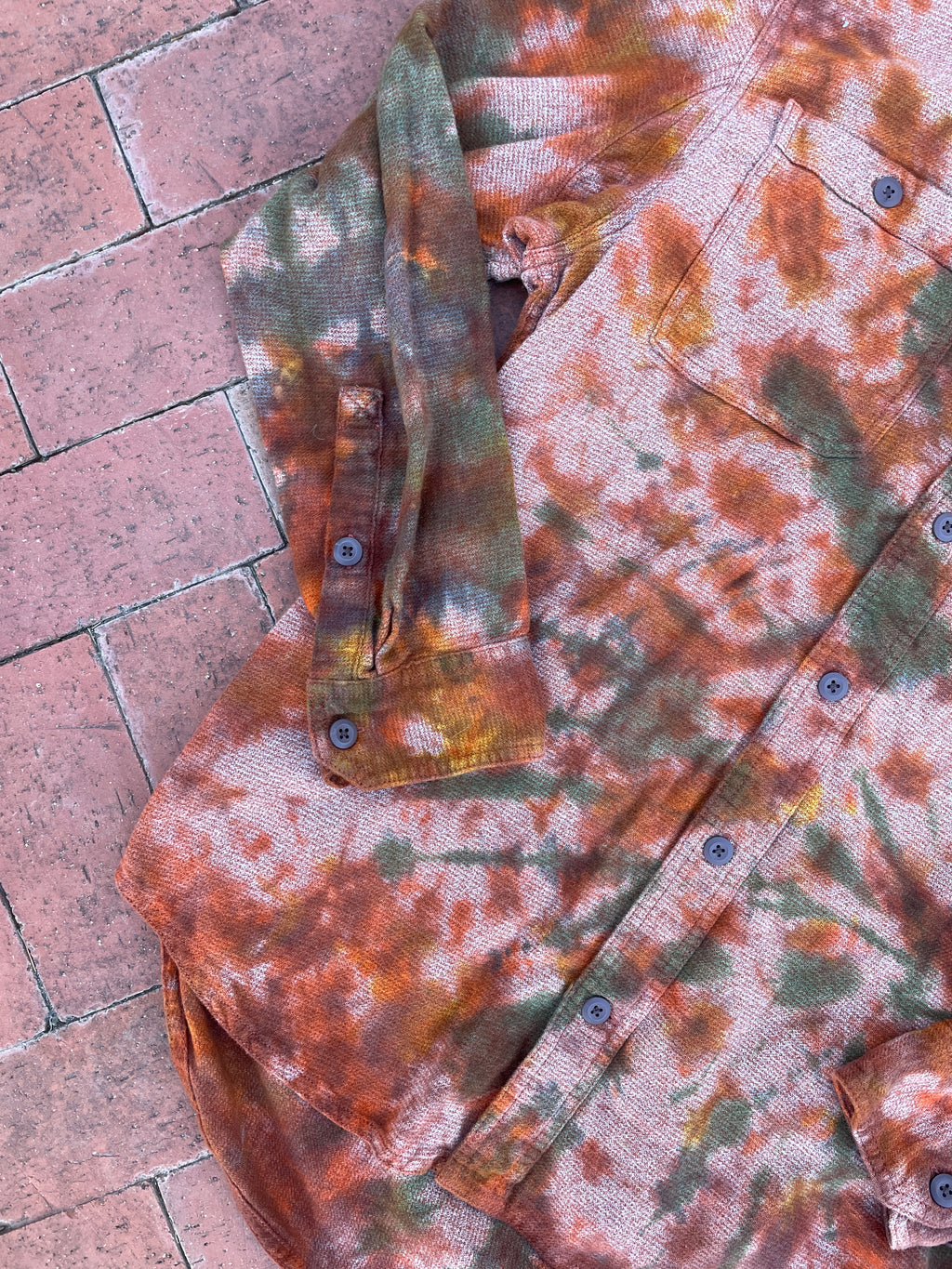 LARGE Men’s Duluth Trading Co Orange and Brown Handmade Tie Dye Flannel Shirt | One-Of-a-Kind Upcycled Earth Tones Long Sleeve