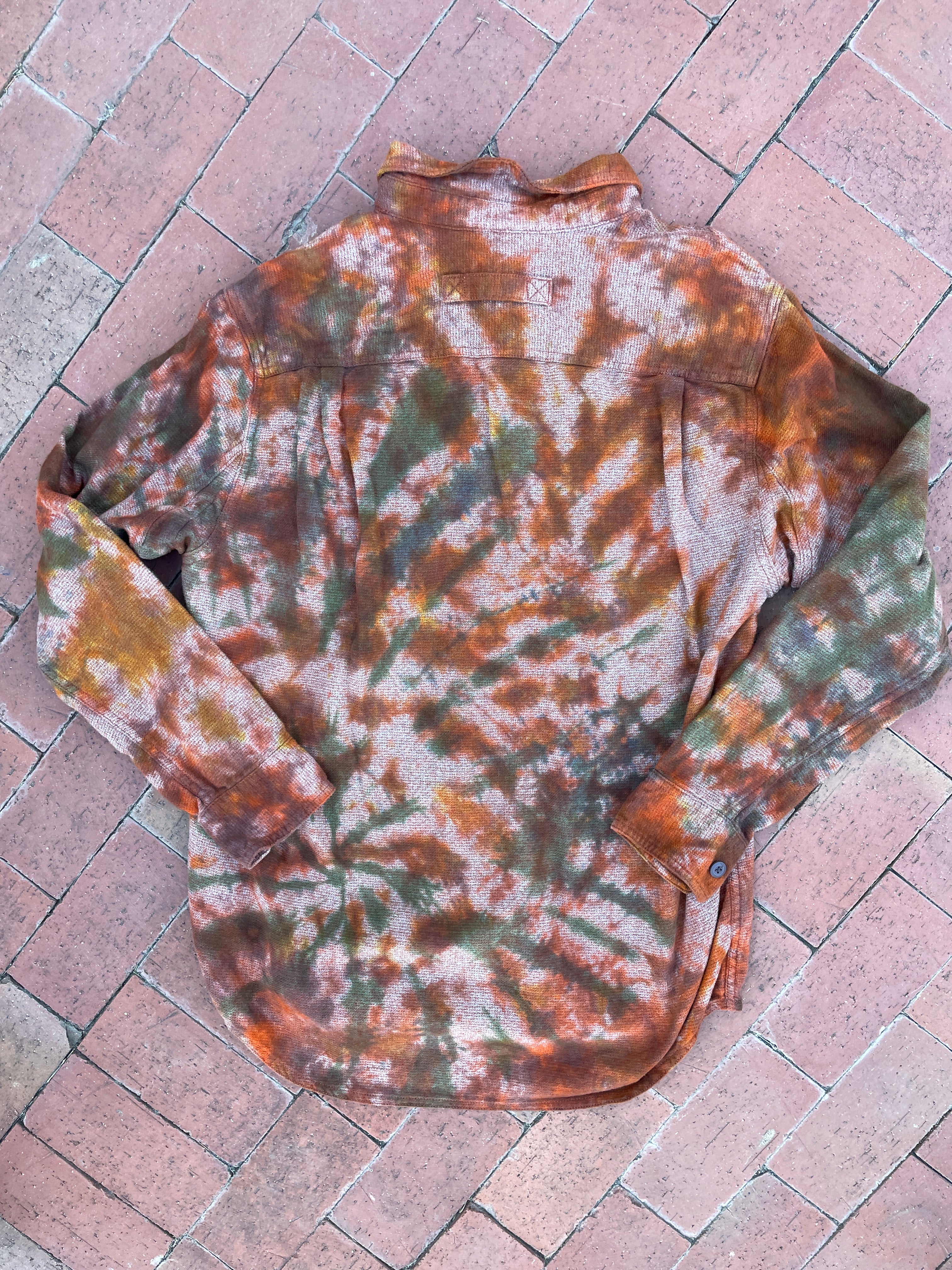 LARGE Men’s Duluth Trading Co Orange and Brown Handmade Tie Dye Flannel Shirt | One-Of-a-Kind Upcycled Earth Tones Long Sleeve