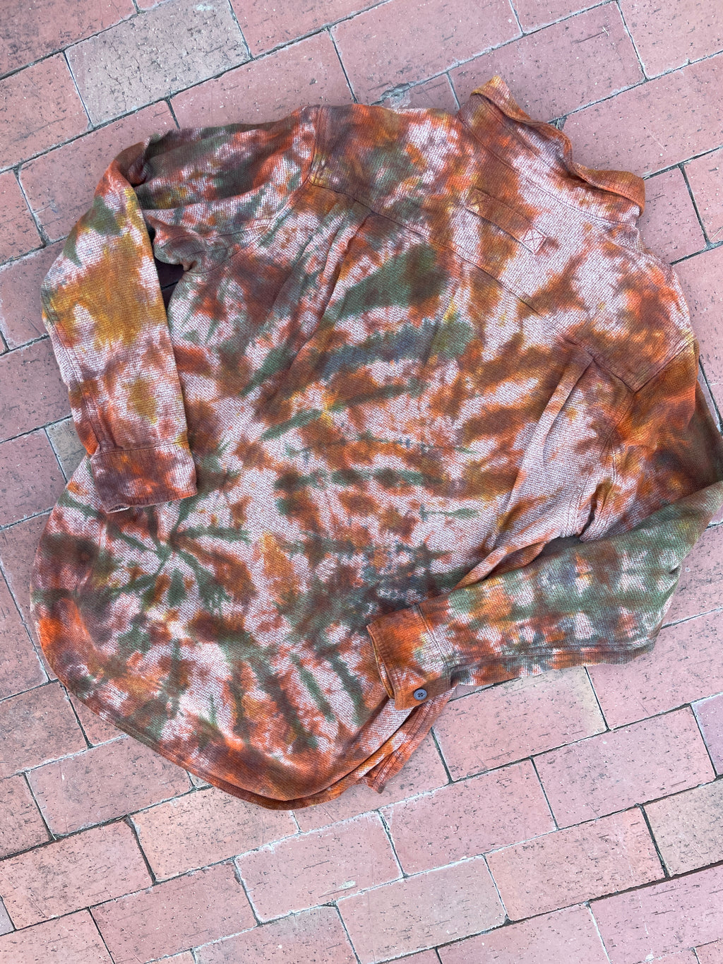 LARGE Men’s Duluth Trading Co Orange and Brown Handmade Tie Dye Flannel Shirt | One-Of-a-Kind Upcycled Earth Tones Long Sleeve
