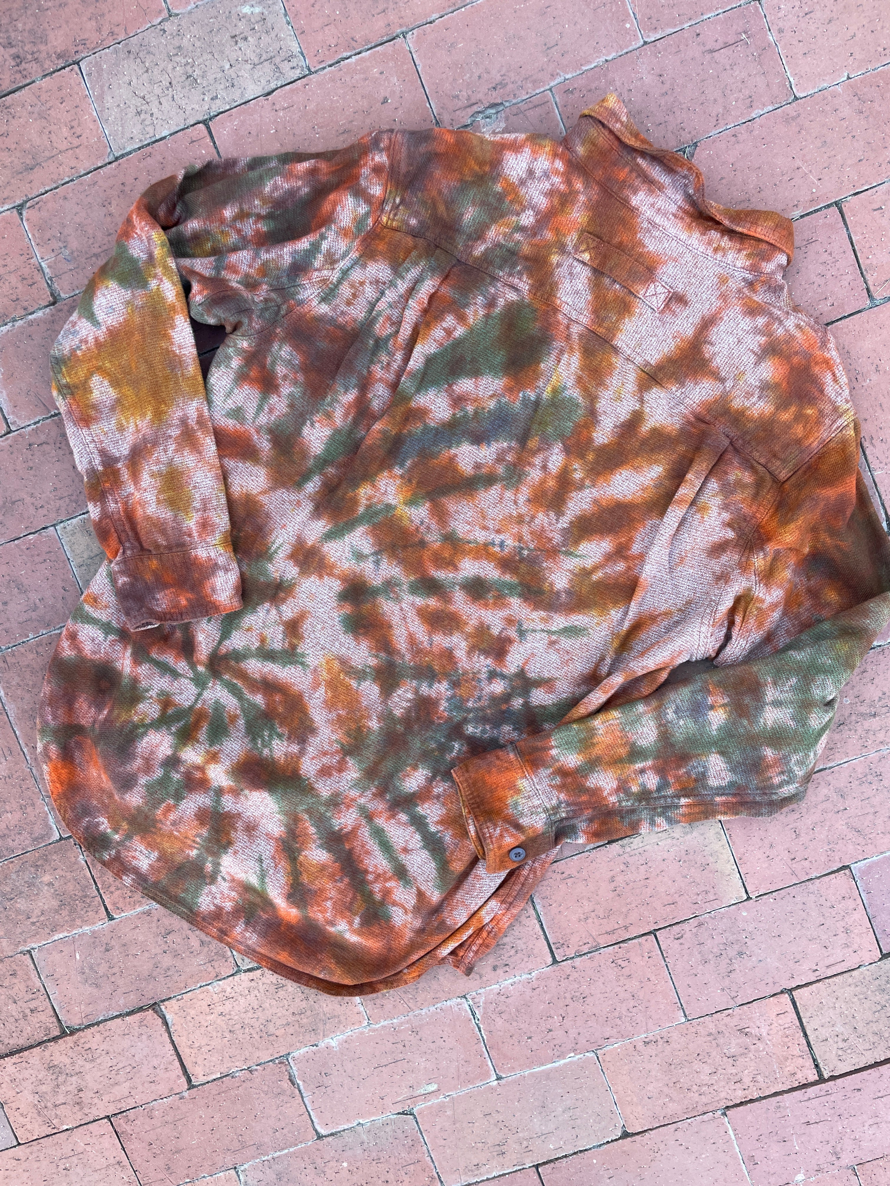LARGE Men’s Duluth Trading Co Orange and Brown Handmade Tie Dye Flannel Shirt | One-Of-a-Kind Upcycled Earth Tones Long Sleeve