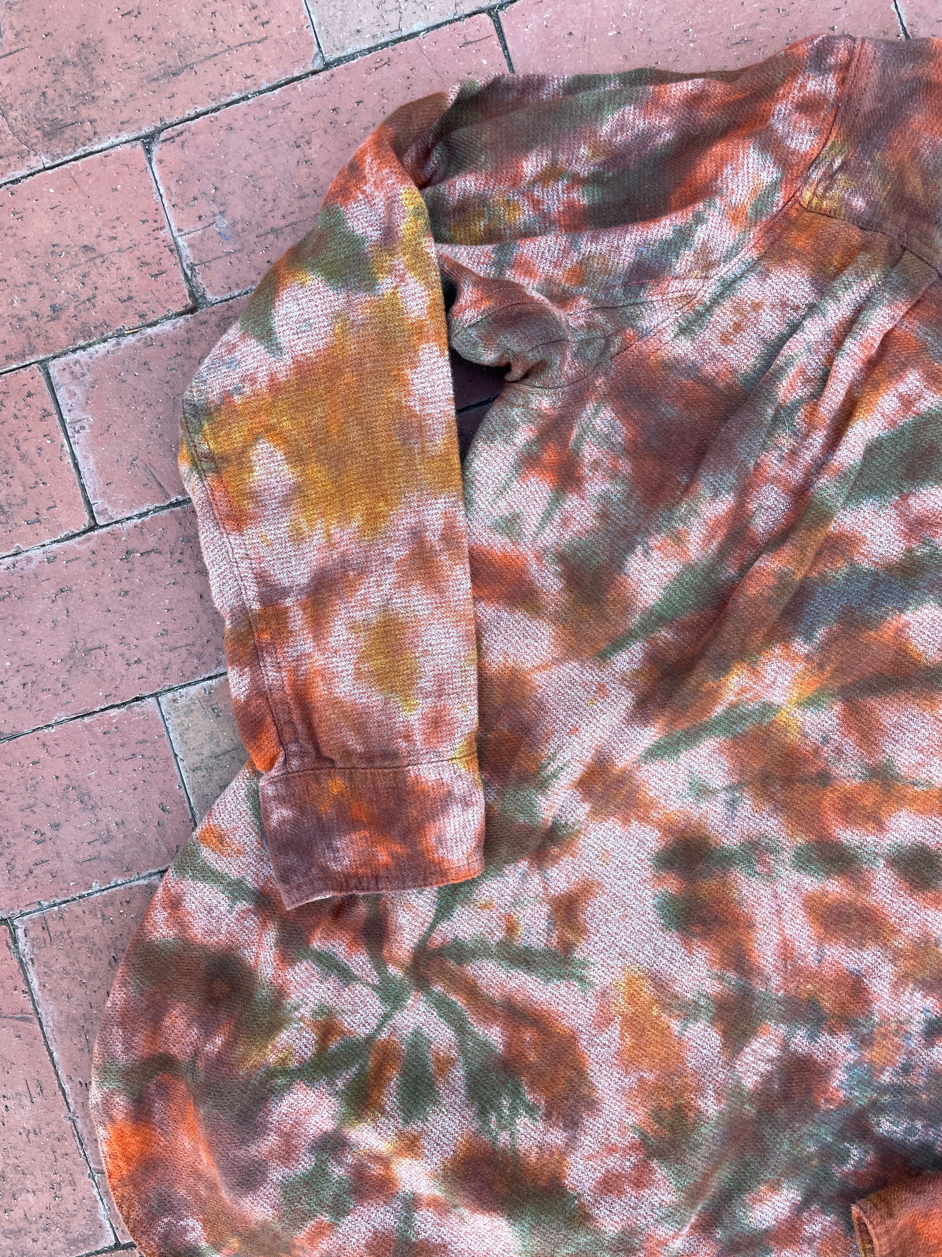 LARGE Men’s Duluth Trading Co Orange and Brown Handmade Tie Dye Flannel Shirt | One-Of-a-Kind Upcycled Earth Tones Long Sleeve