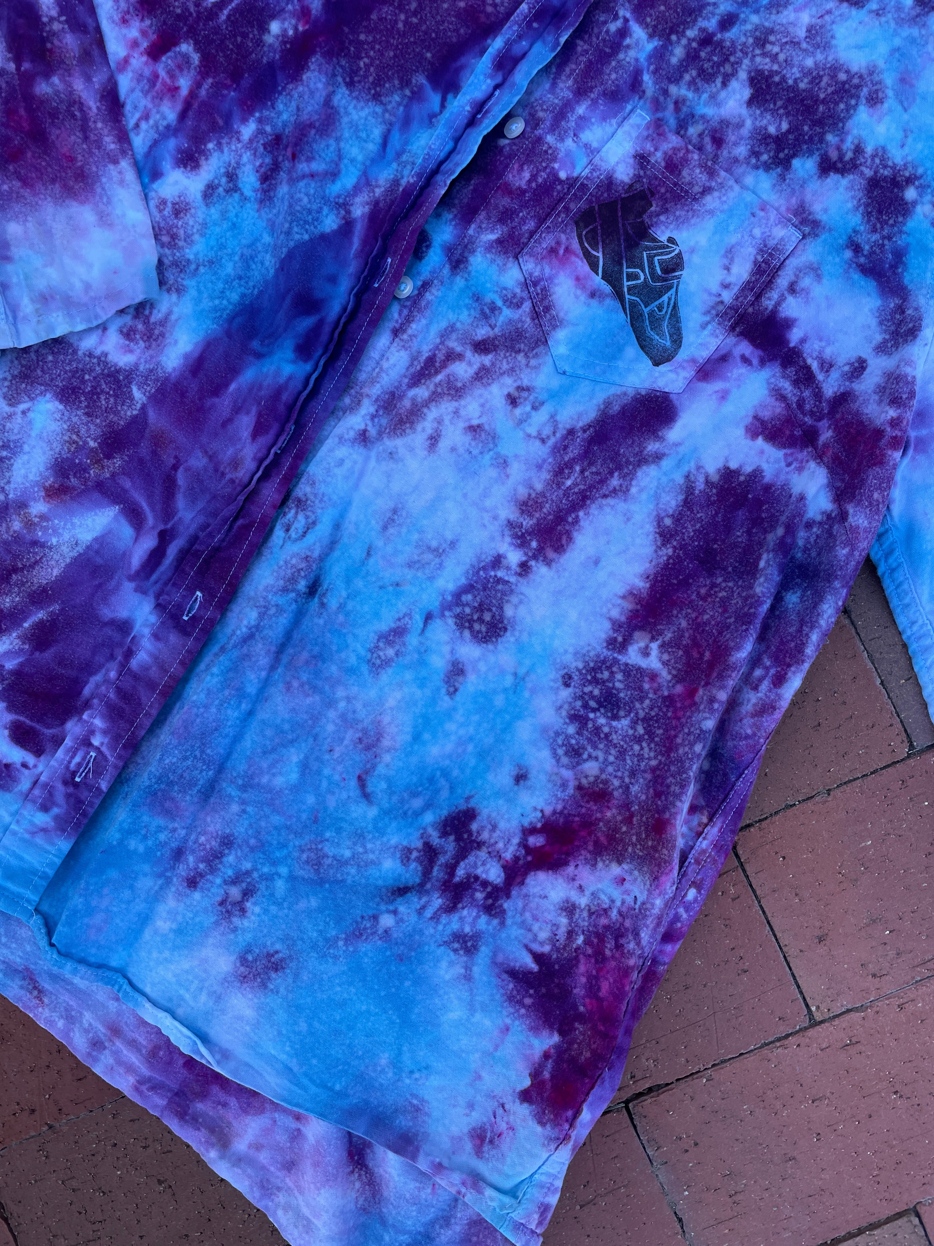 XL Women’s Gap Handmade Galaxy Ice Dye Tie Dye Button-Up Shirt | One-Of-a-Kind Upcycled Blue and Purple Long Sleeve