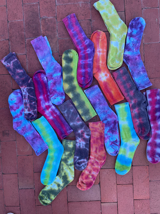 Multicolor Handmade Tie Dyed Everyday Crew Socks - Size Large (Men's size 8-12/Women's size 9-13)