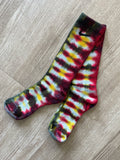NIKE Socks Hand Tie Dyed Black, Red, and Yellow Nike Dri-FIT Everyday Plus Crew Training Socks - Size Large (Men's 8-12/Women's 10-13)