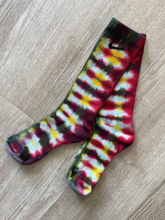 NIKE Socks Hand Tie Dyed Black, Red, and Yellow Nike Dri-FIT Everyday Plus Crew Training Socks - Size Large (Men's 8-12/Women's 10-13)