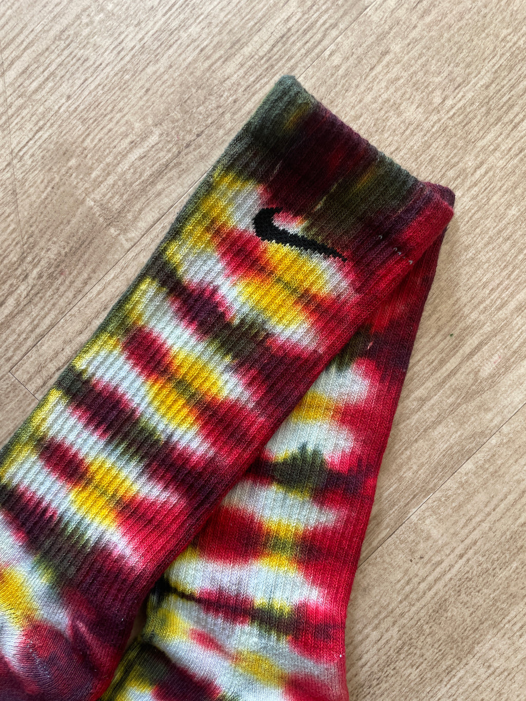 NIKE Socks Hand Tie Dyed Black, Red, and Yellow Nike Dri-FIT Everyday Plus Crew Training Socks - Size Large (Men's 8-12/Women's 10-13)