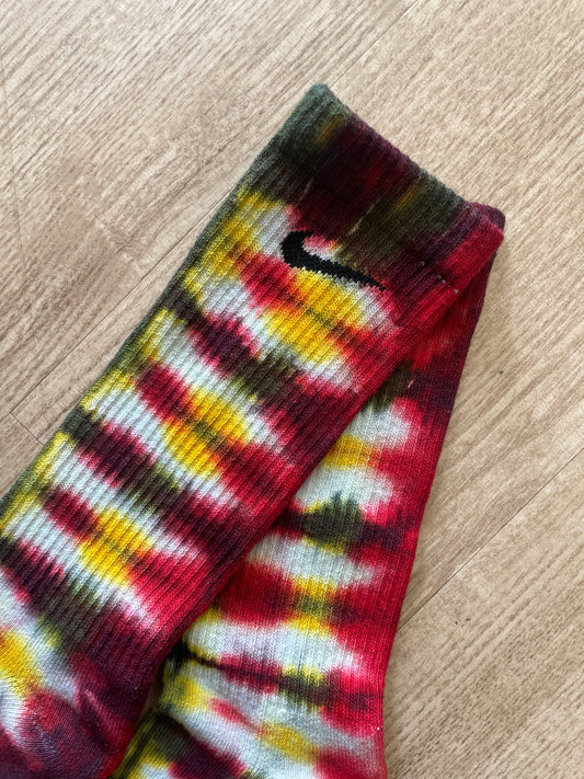 NIKE Socks Hand Tie Dyed Black, Red, and Yellow Nike Dri-FIT Everyday Plus Crew Training Socks - Size Large (Men's 8-12/Women's 10-13)