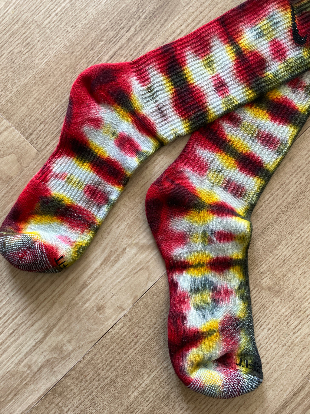 NIKE Socks Hand Tie Dyed Black, Red, and Yellow Nike Dri-FIT Everyday Plus Crew Training Socks - Size Large (Men's 8-12/Women's 10-13)