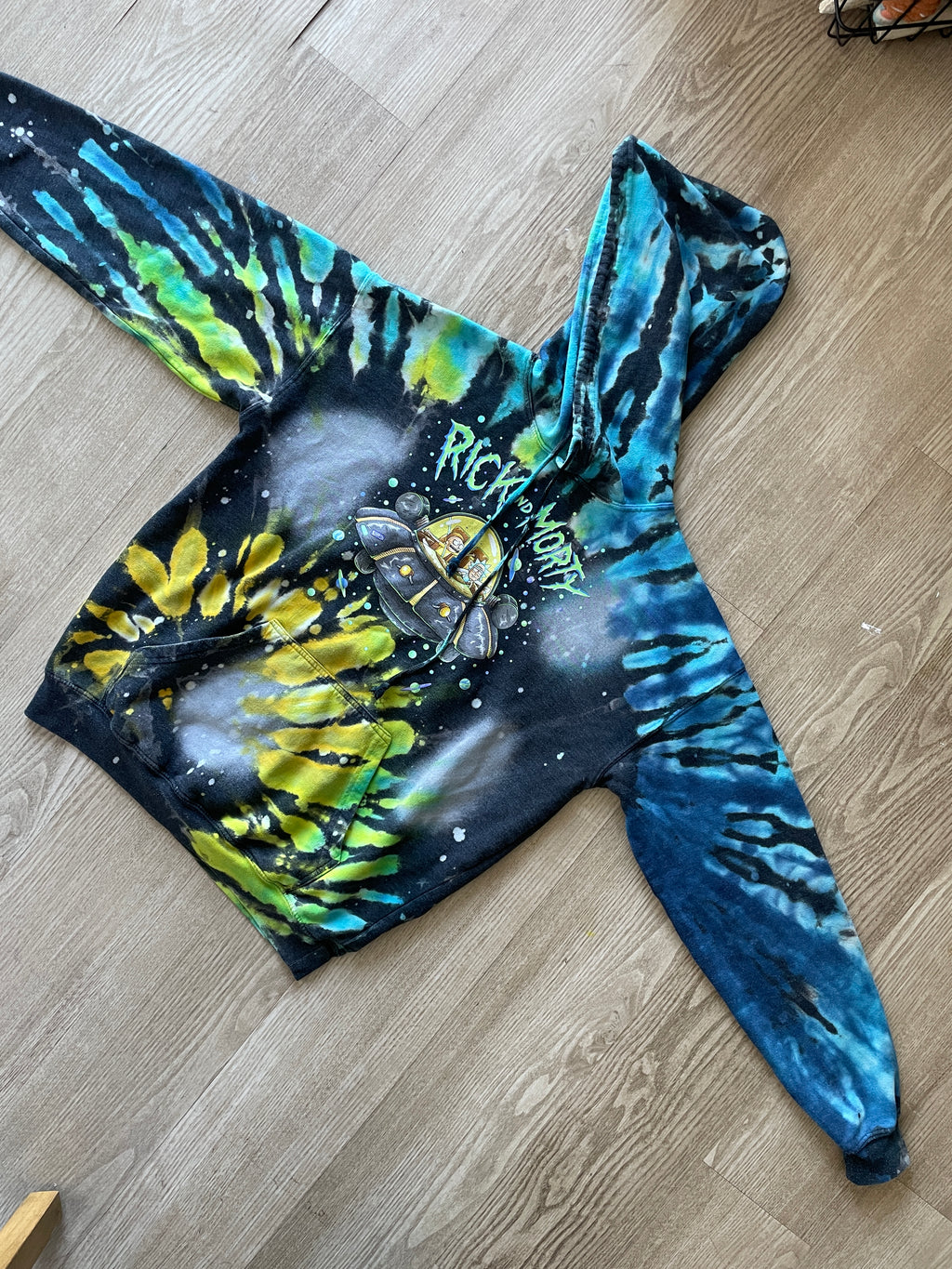 SMALL Men’s Rick and Morty Reverse Tie Dye Long Sleeve Hoodie | One-Of-a-Kind Black, Blue, and Green Spiral Sweatshirt