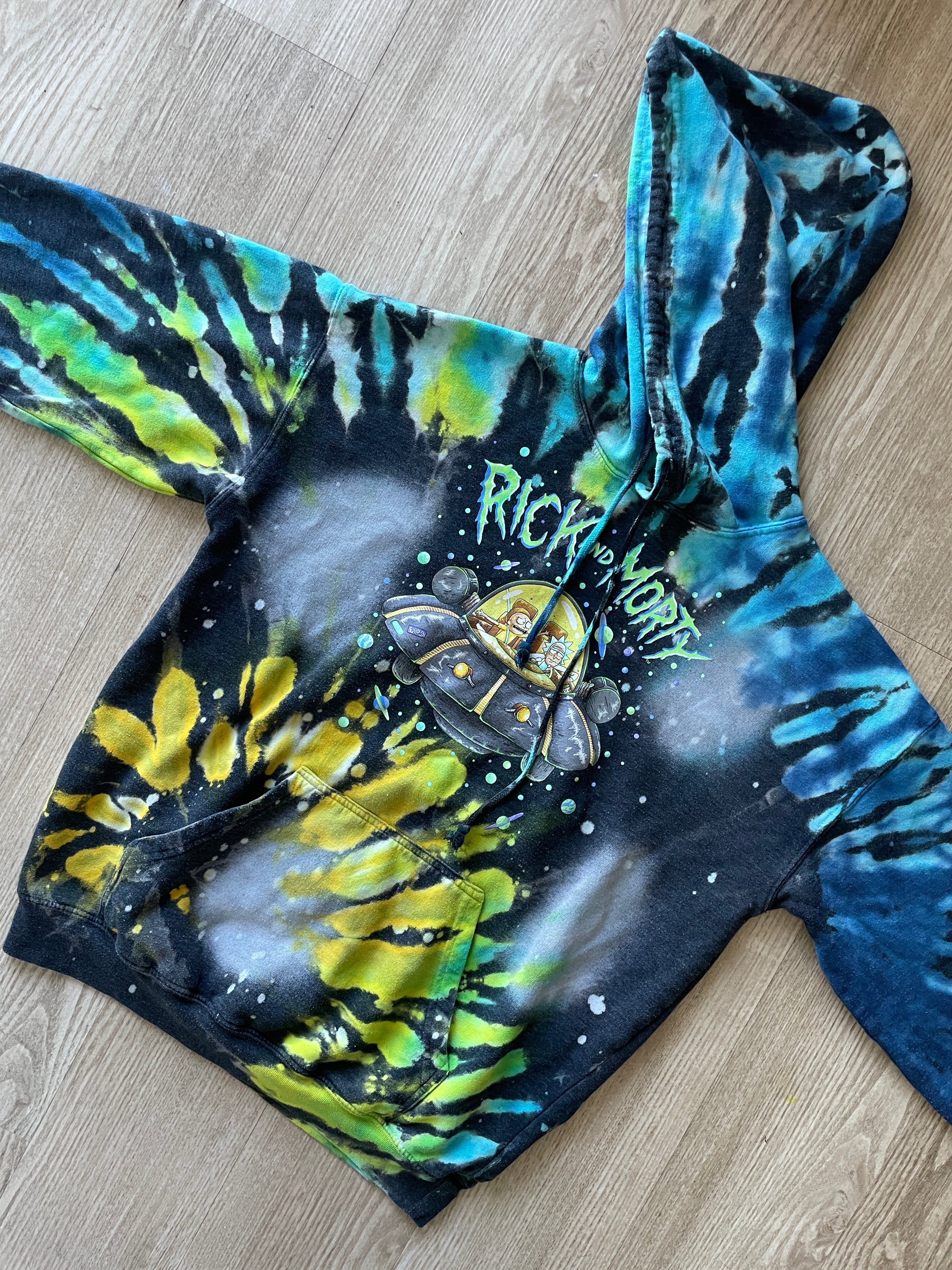 SMALL Men’s Rick and Morty Reverse Tie Dye Long Sleeve Hoodie | One-Of-a-Kind Black, Blue, and Green Spiral Sweatshirt