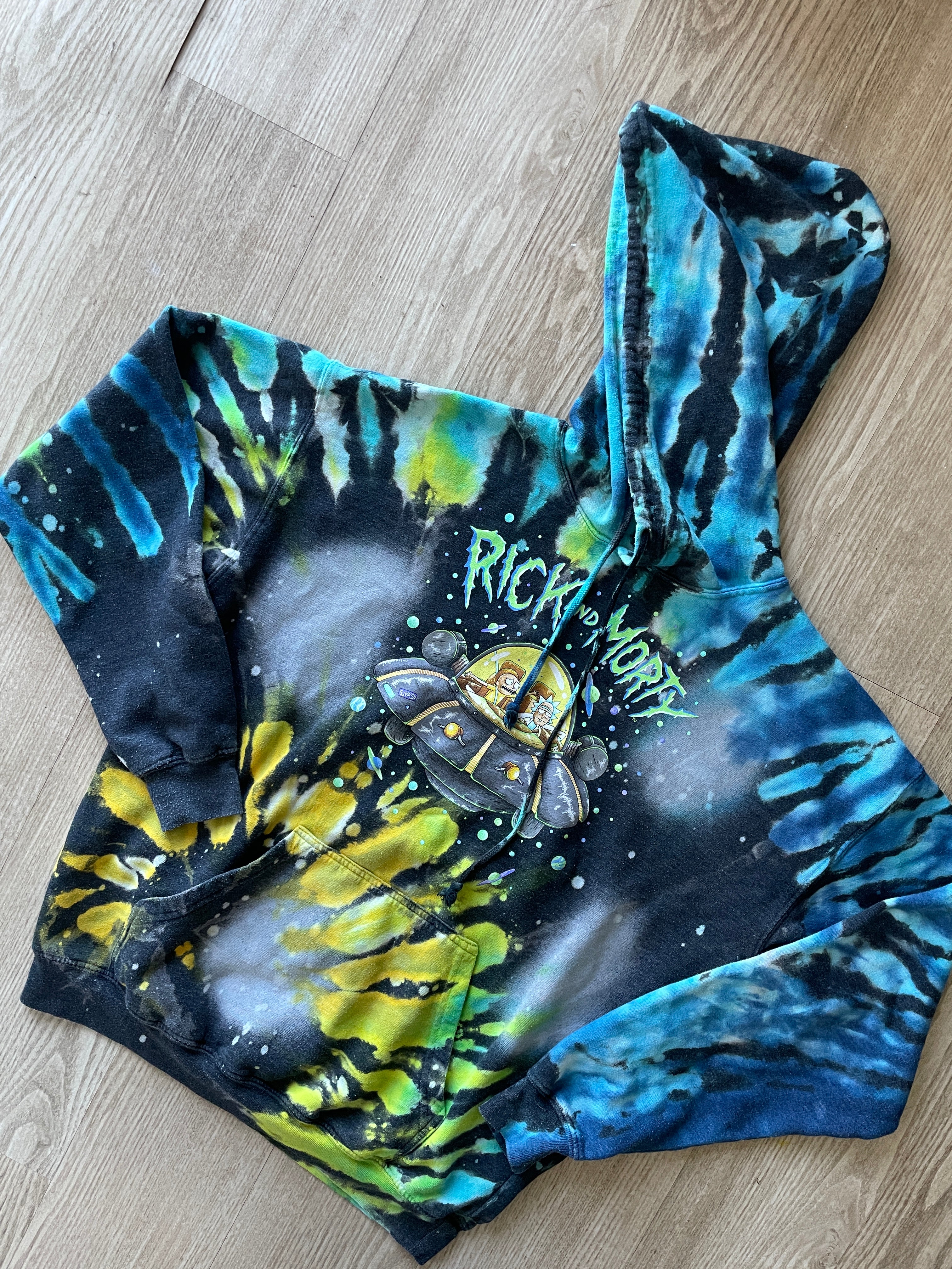 SMALL Men’s Rick and Morty Reverse Tie Dye Long Sleeve Hoodie | One-Of-a-Kind Black, Blue, and Green Spiral Sweatshirt