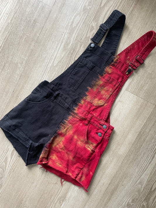 Junior's Size 9 Half Black Half Red Tie Dye Short Overalls | One-Of-a-Kind Upcycled Black and Red Overalls