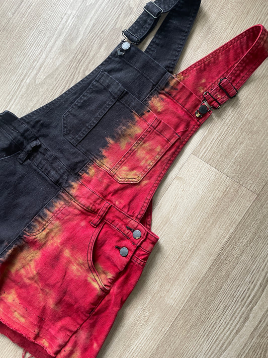 Junior's Size 9 Half Black Half Red Tie Dye Short Overalls | One-Of-a-Kind Upcycled Black and Red Overalls