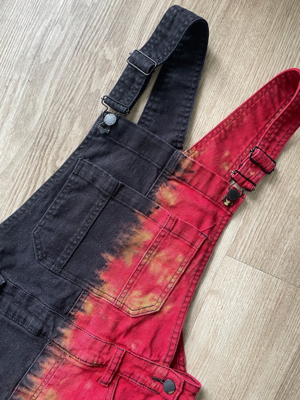 Junior's Size 9 Half Black Half Red Tie Dye Short Overalls | One-Of-a-Kind Upcycled Black and Red Overalls