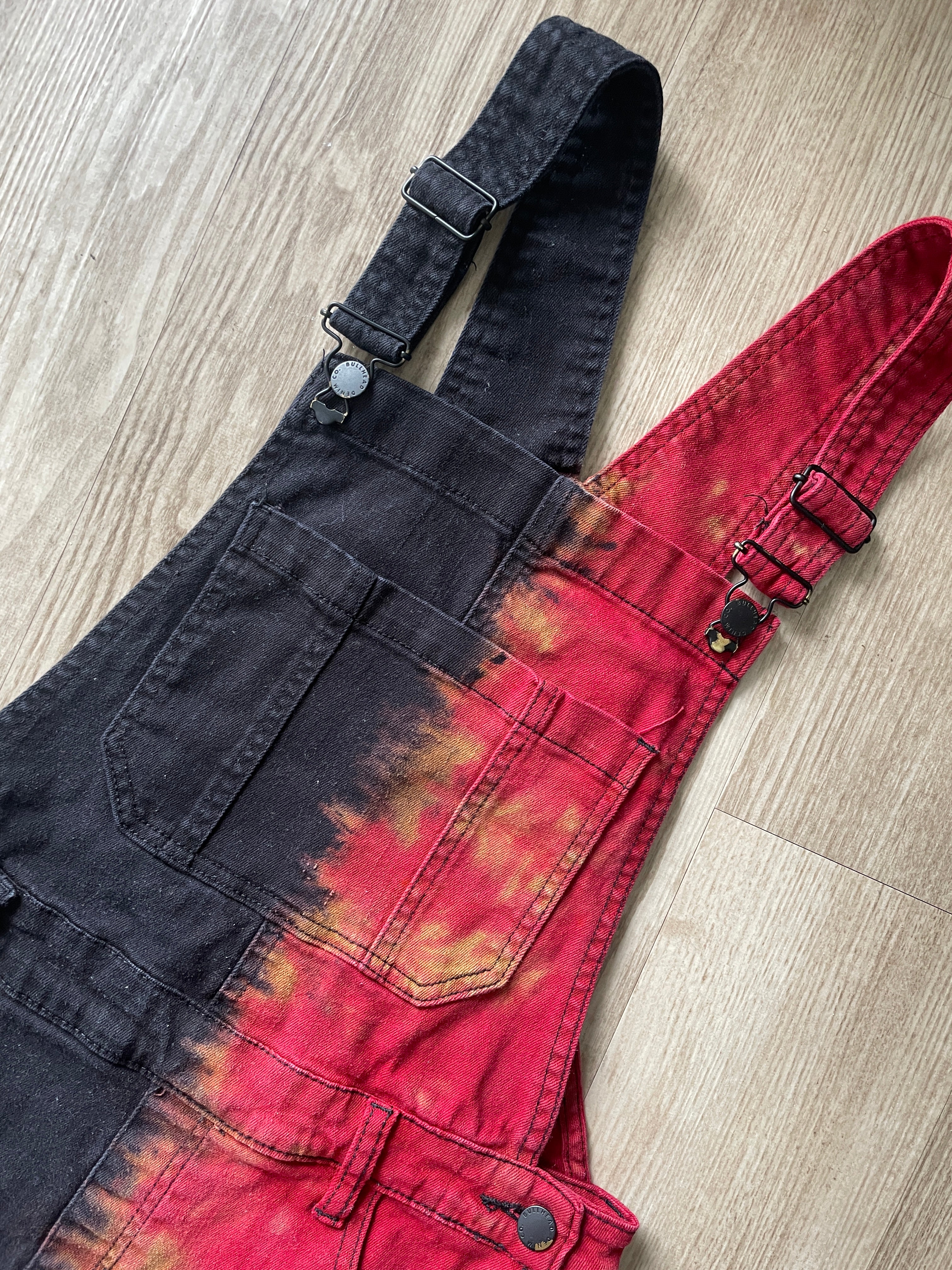 Junior's Size 9 Half Black Half Red Tie Dye Short Overalls | One-Of-a-Kind Upcycled Black and Red Overalls