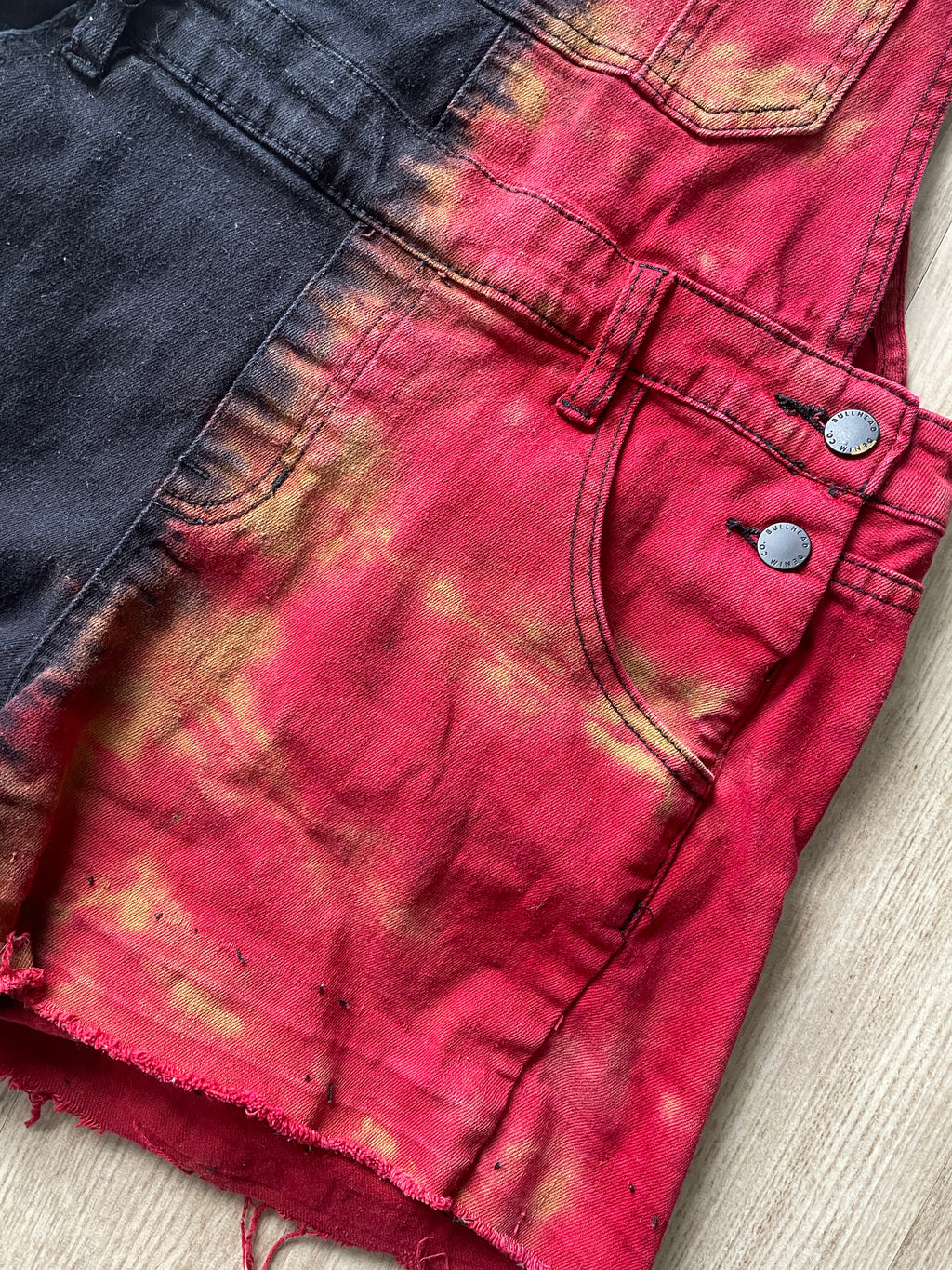 Junior's Size 9 Half Black Half Red Tie Dye Short Overalls | One-Of-a-Kind Upcycled Black and Red Overalls