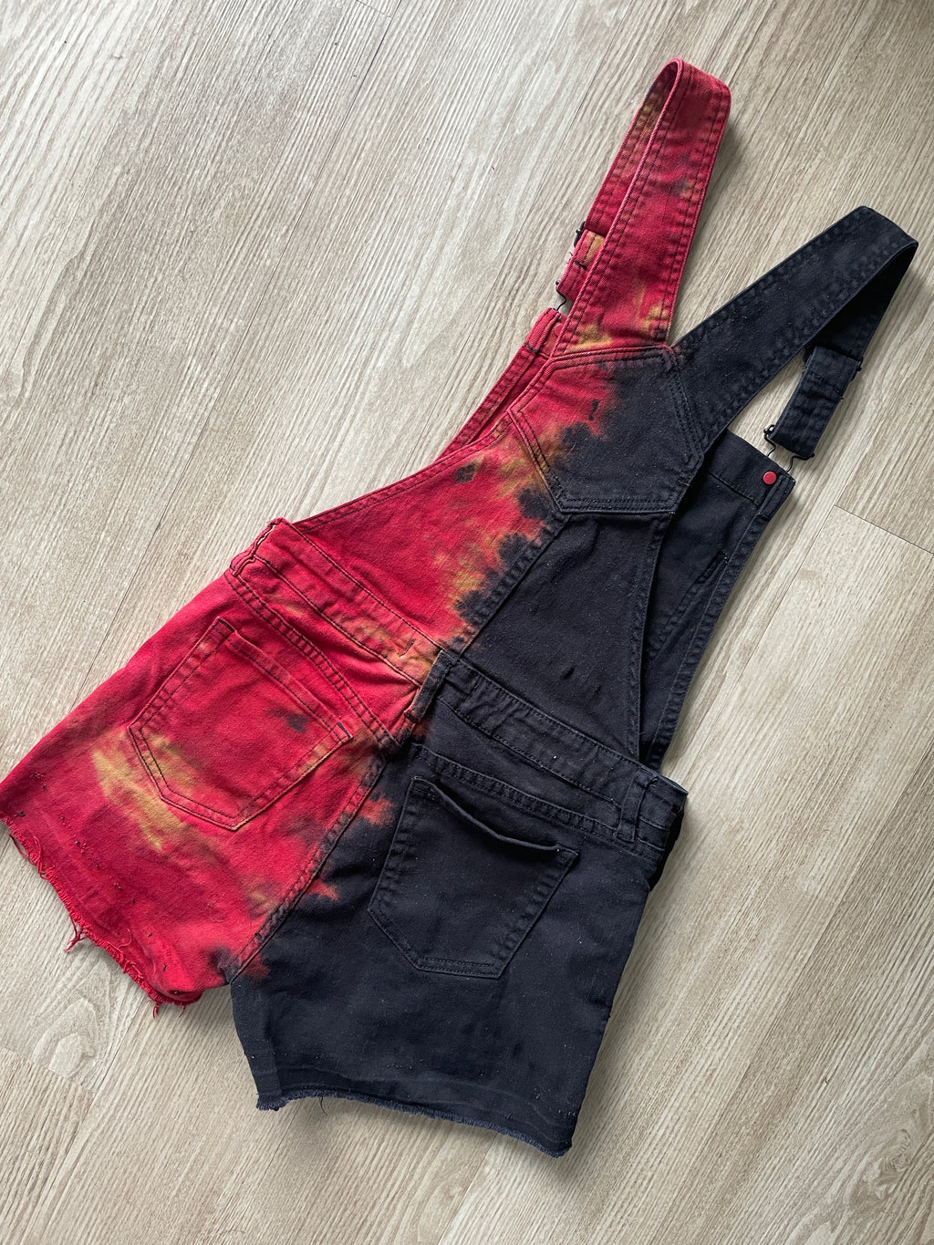 Junior's Size 9 Half Black Half Red Tie Dye Short Overalls | One-Of-a-Kind Upcycled Black and Red Overalls
