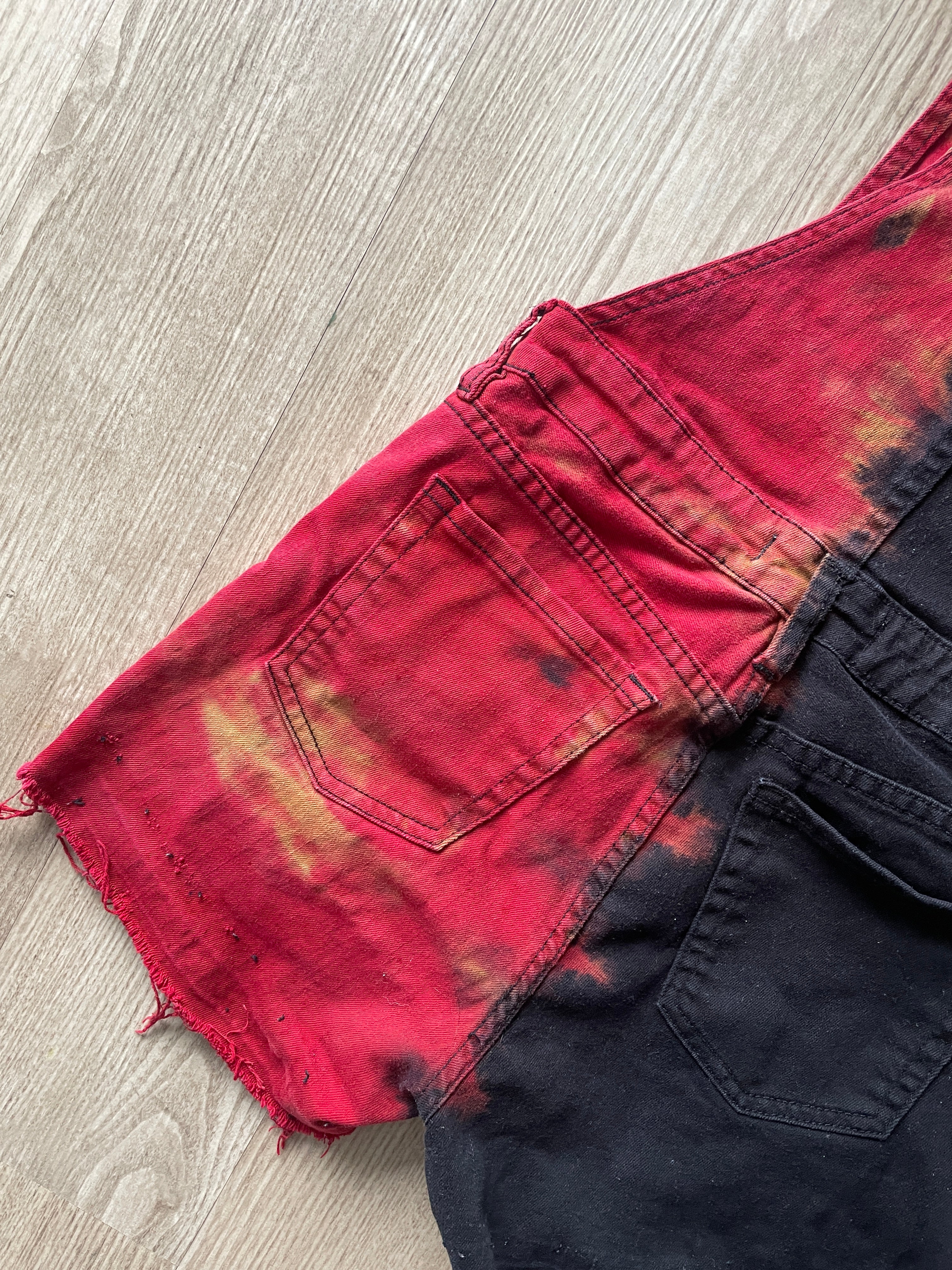 Junior's Size 9 Half Black Half Red Tie Dye Short Overalls | One-Of-a-Kind Upcycled Black and Red Overalls