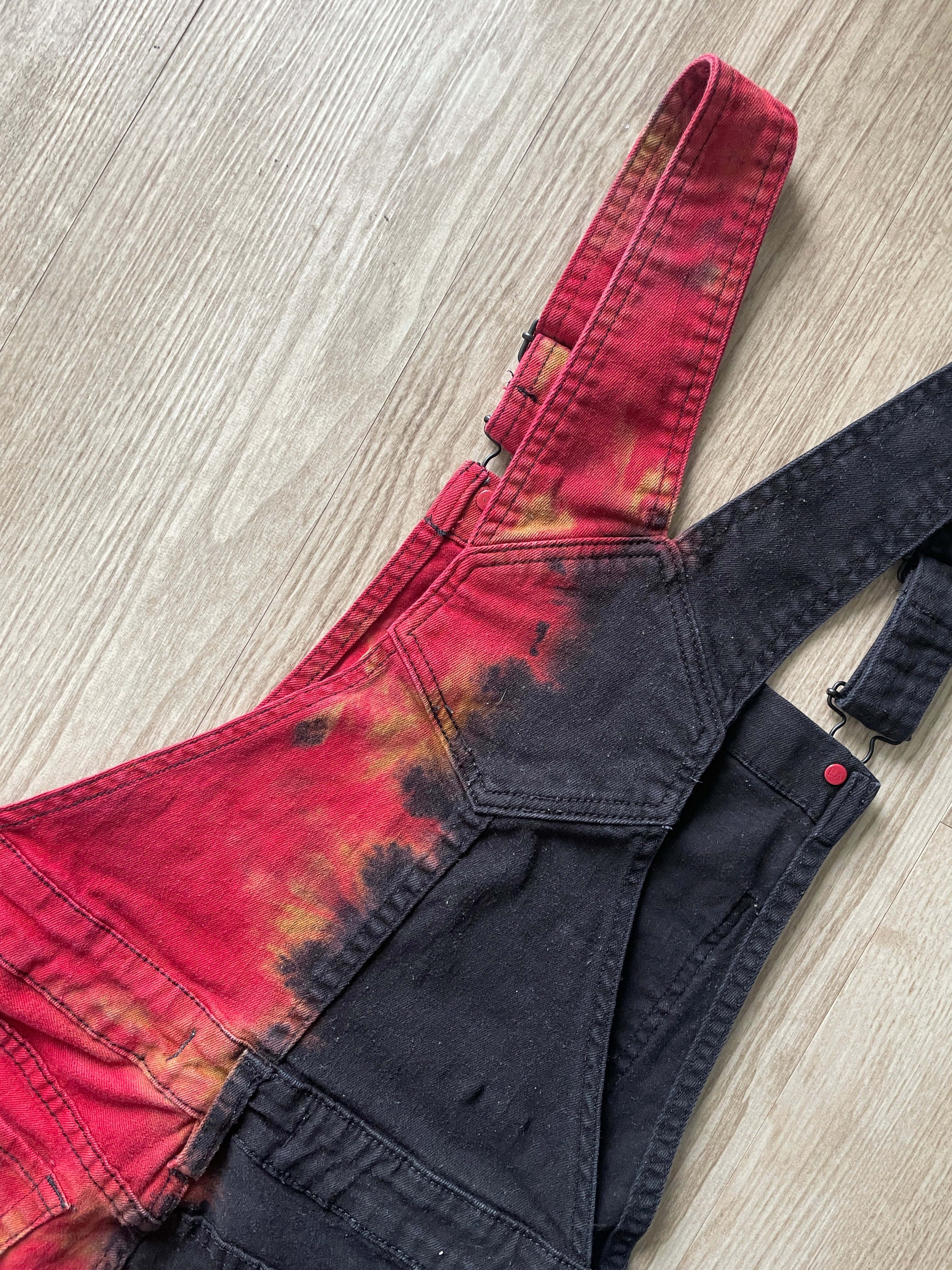 Junior's Size 9 Half Black Half Red Tie Dye Short Overalls | One-Of-a-Kind Upcycled Black and Red Overalls