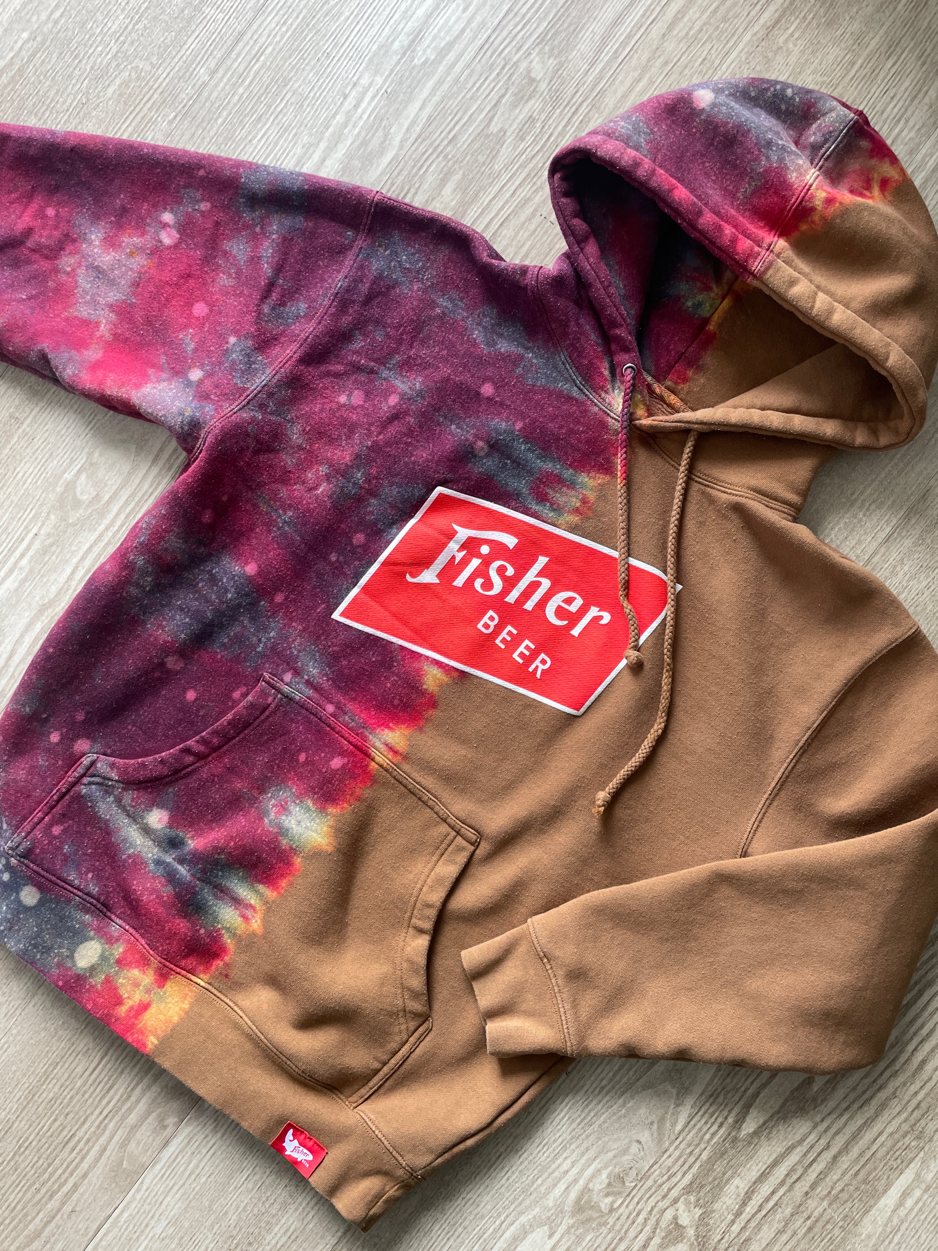 Medium Men’s Fisher Brewing Handmade Reverse Tie Dye Hoodie | One-Of-a-Kind Upcycled Brown, Red, and Black Dip Dye Tie Dye Sweatshirt