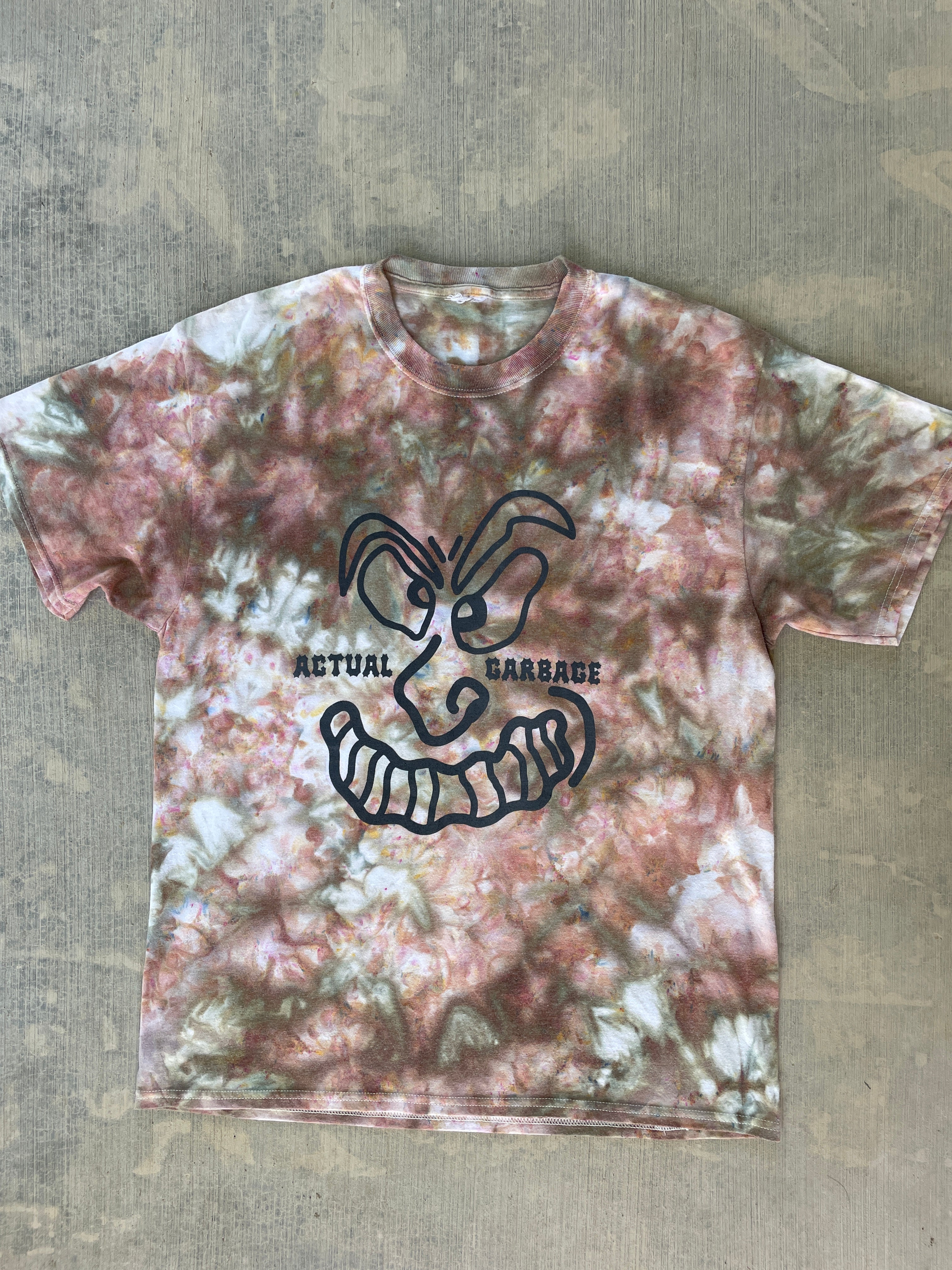 Large Men’s Actual Garbage Pink, Tan, and Brown Tie Dye Short Sleeve T-Shirt