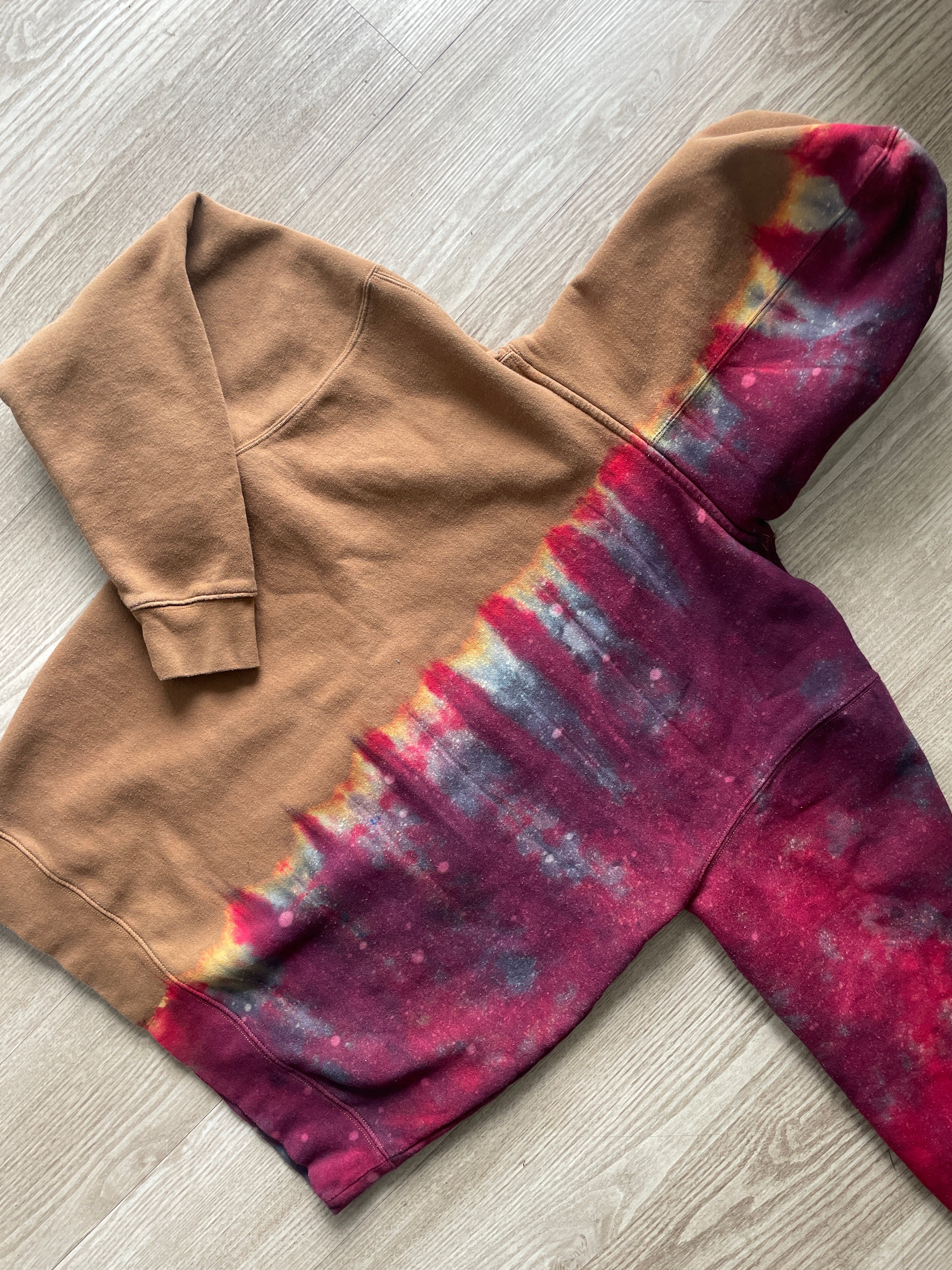 Medium Men’s Fisher Brewing Handmade Reverse Tie Dye Hoodie | One-Of-a-Kind Upcycled Brown, Red, and Black Dip Dye Tie Dye Sweatshirt