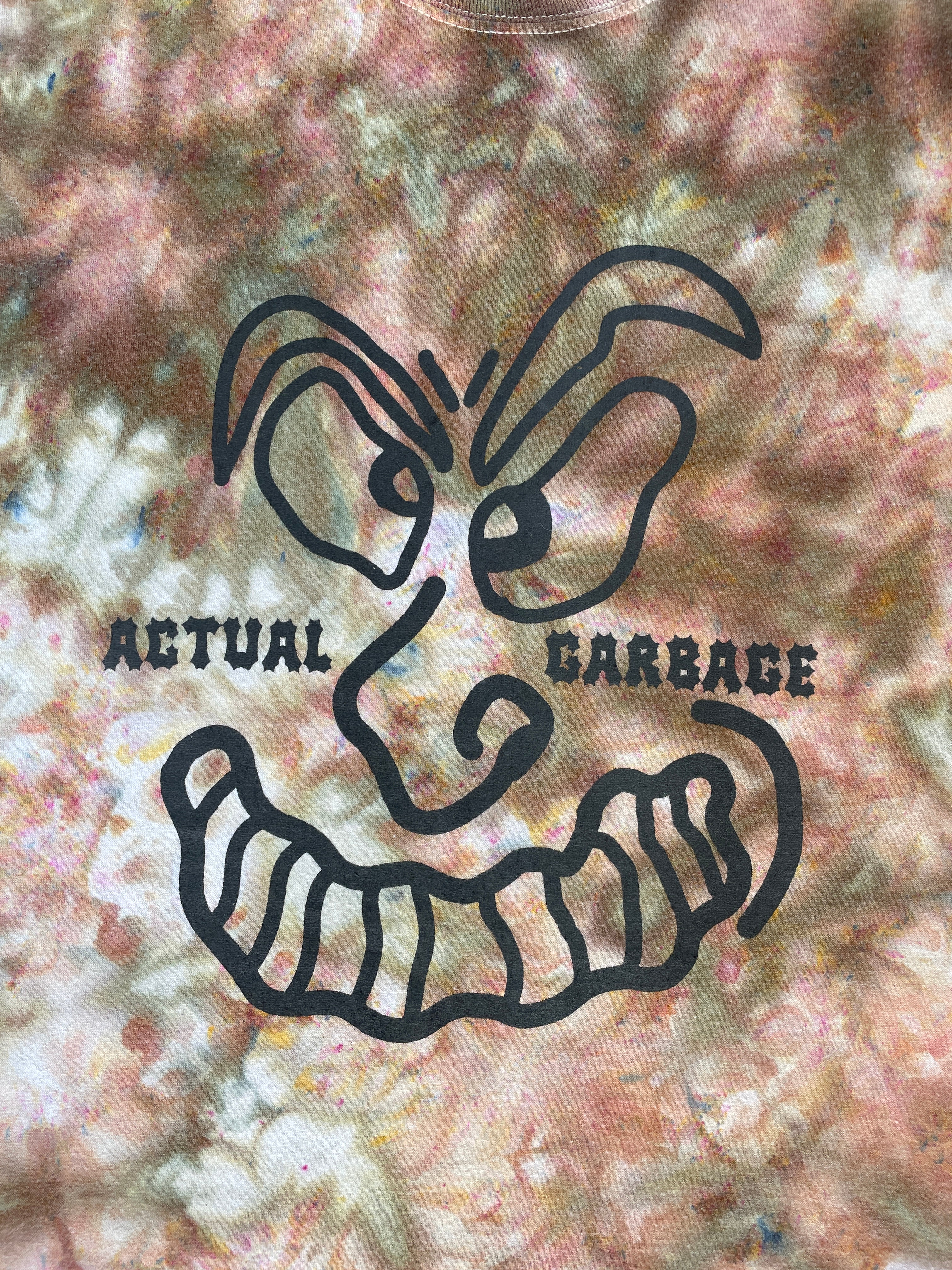Large Men’s Actual Garbage Pink, Tan, and Brown Tie Dye Short Sleeve T-Shirt