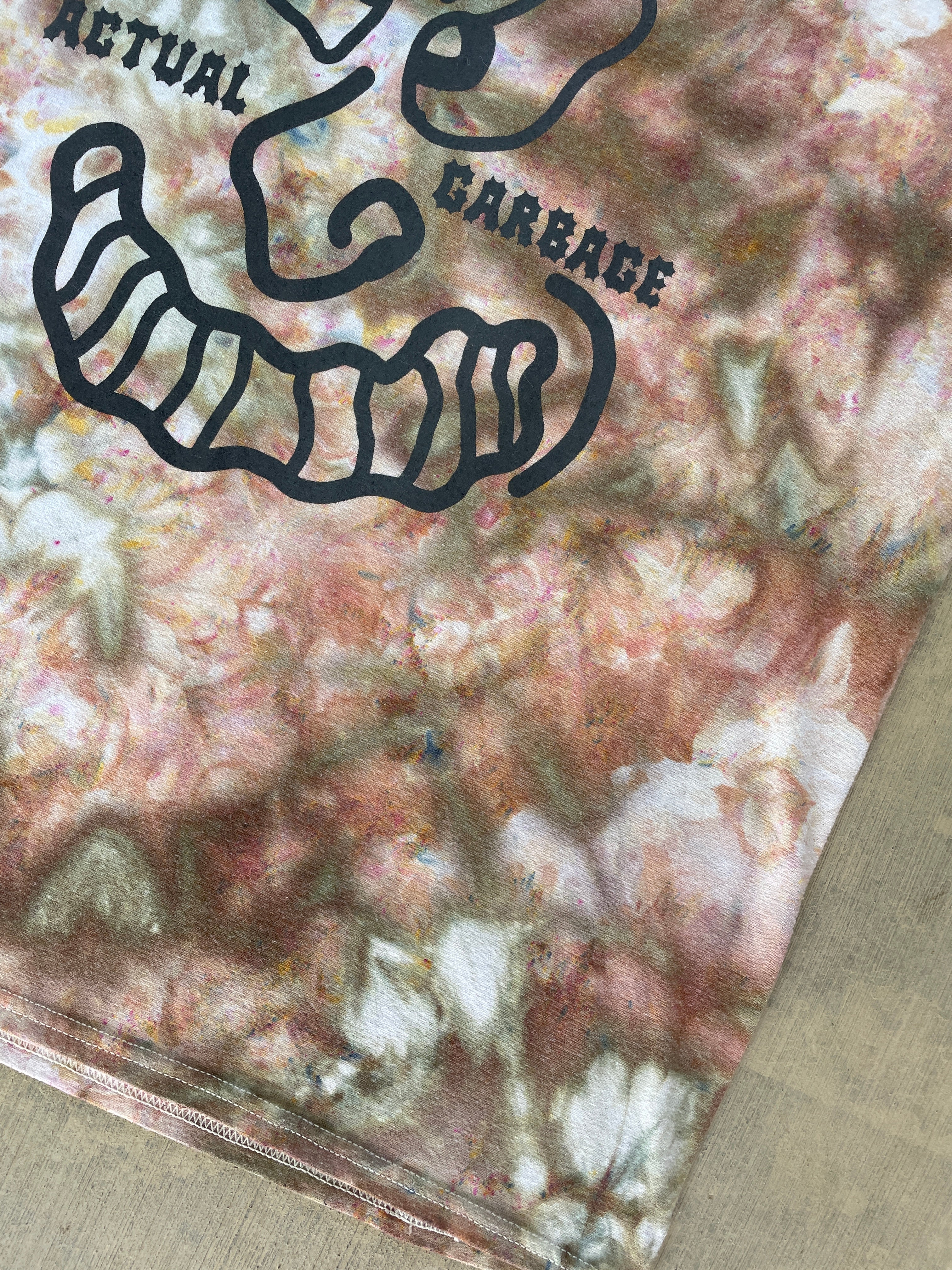Large Men’s Actual Garbage Pink, Tan, and Brown Tie Dye Short Sleeve T-Shirt