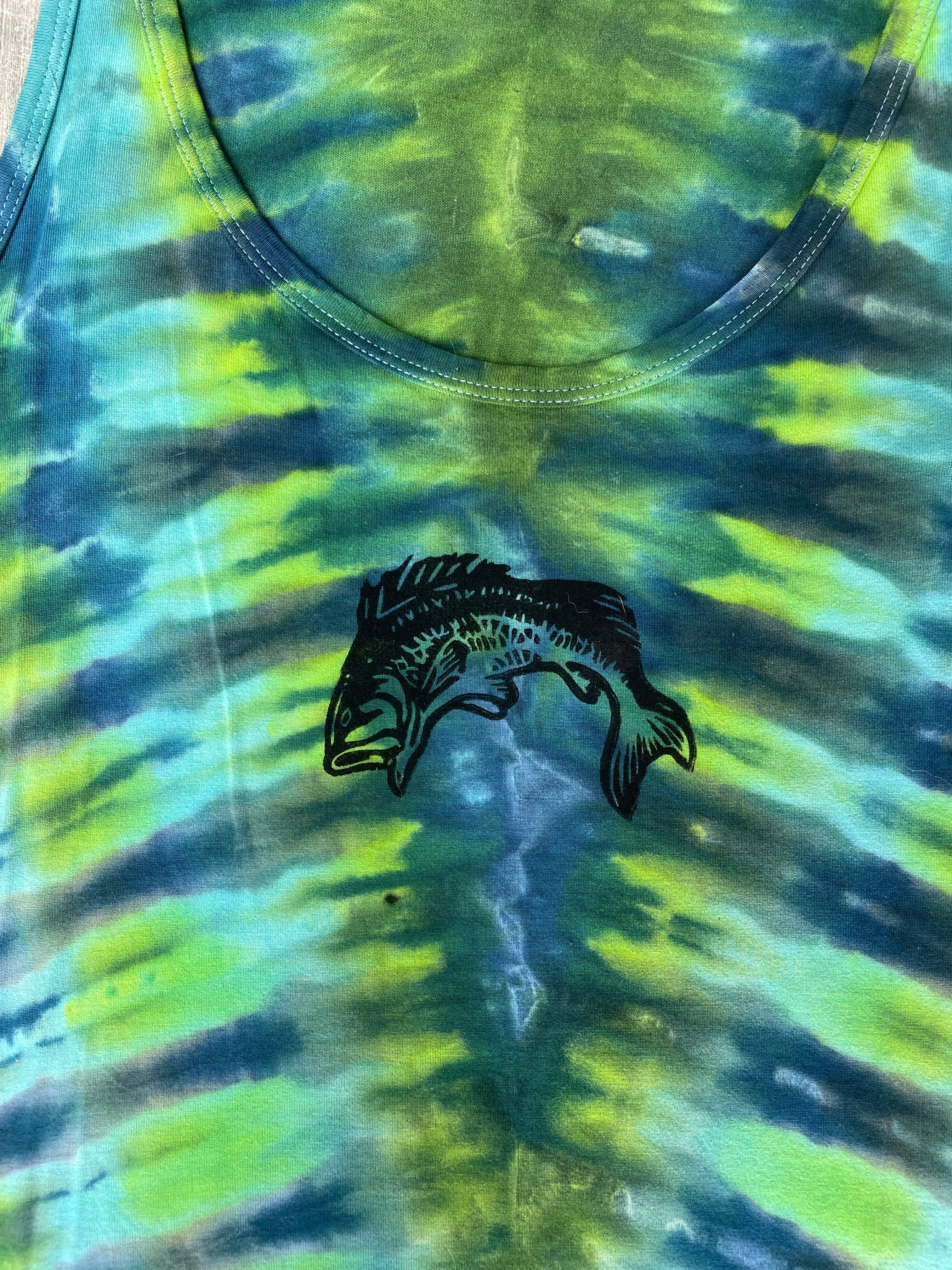 Hand-Printed Largemouth Bass Tie Dye Tank Top | Women's Size Small