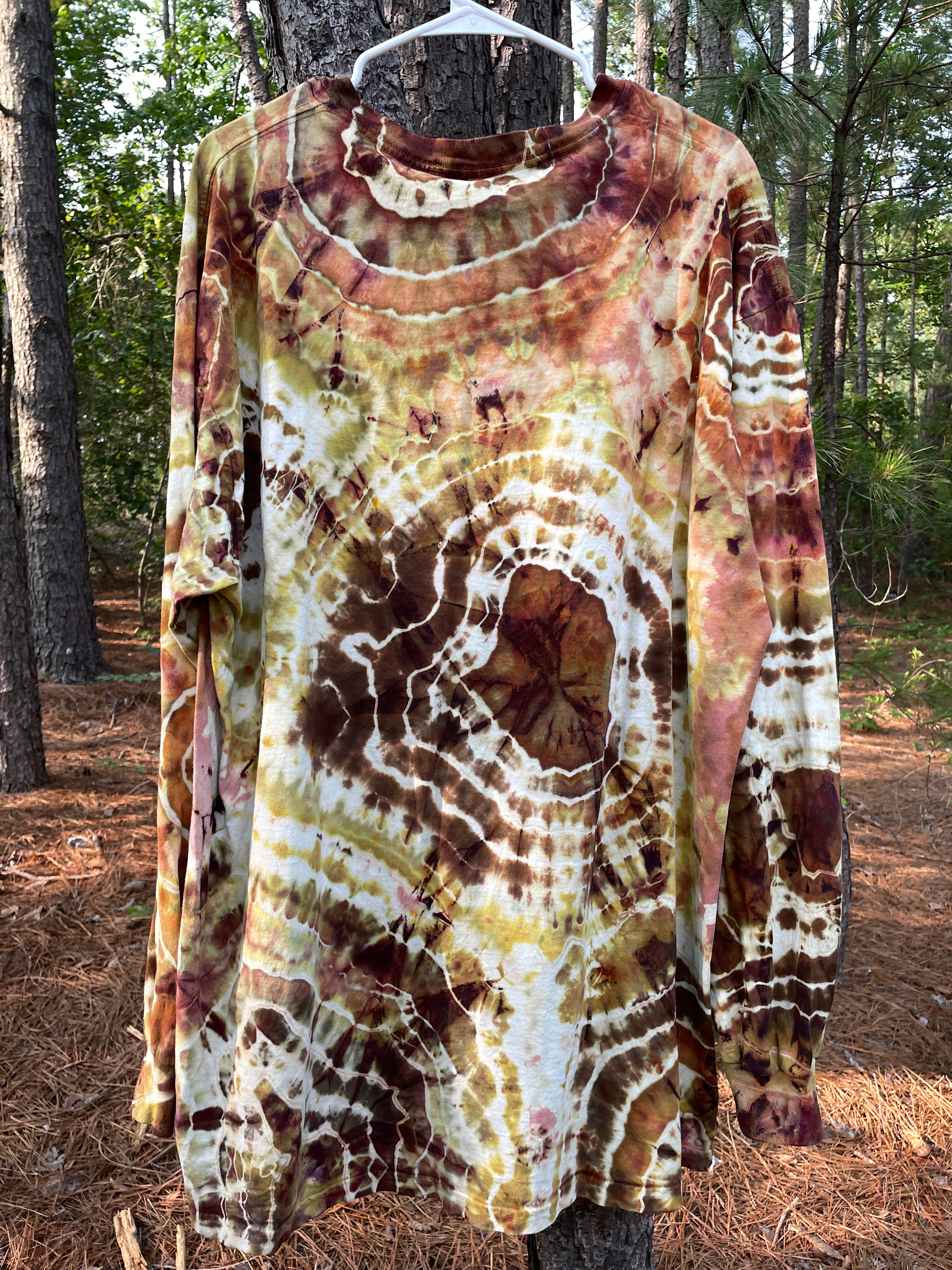 Grizzly Bear Brown and Yellow Hand-Tie Dyed Long Sleeve T-Shirt (Men's 2XL)