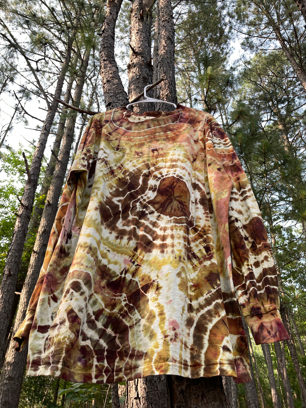 Grizzly Bear Brown and Yellow Hand-Tie Dyed Long Sleeve T-Shirt (Men's 2XL)