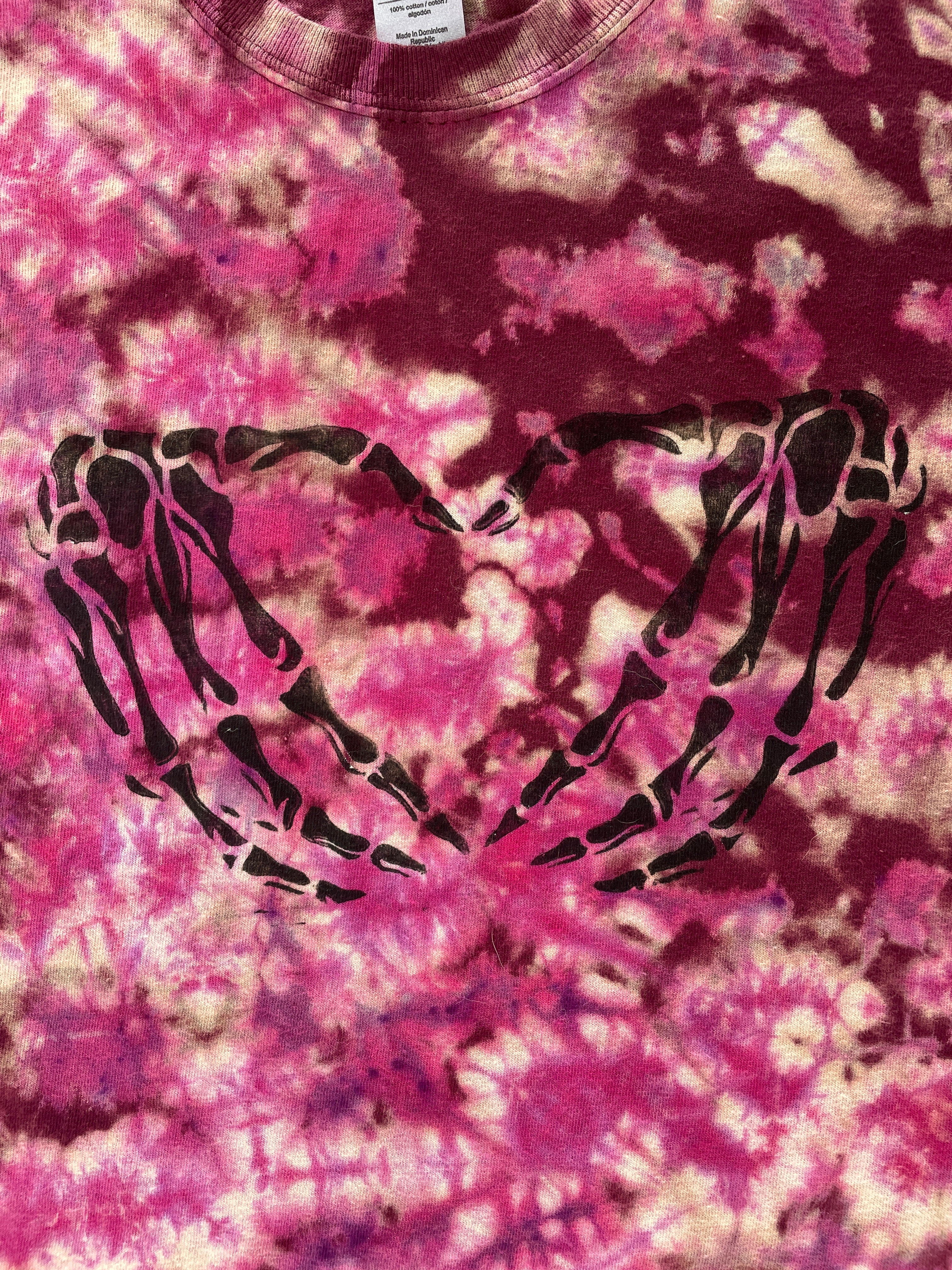 Hand-Printed Skeleton Heart Hands Pink and White Reverse Tie Dye Short Sleeve Crop Top | Men's Size Small