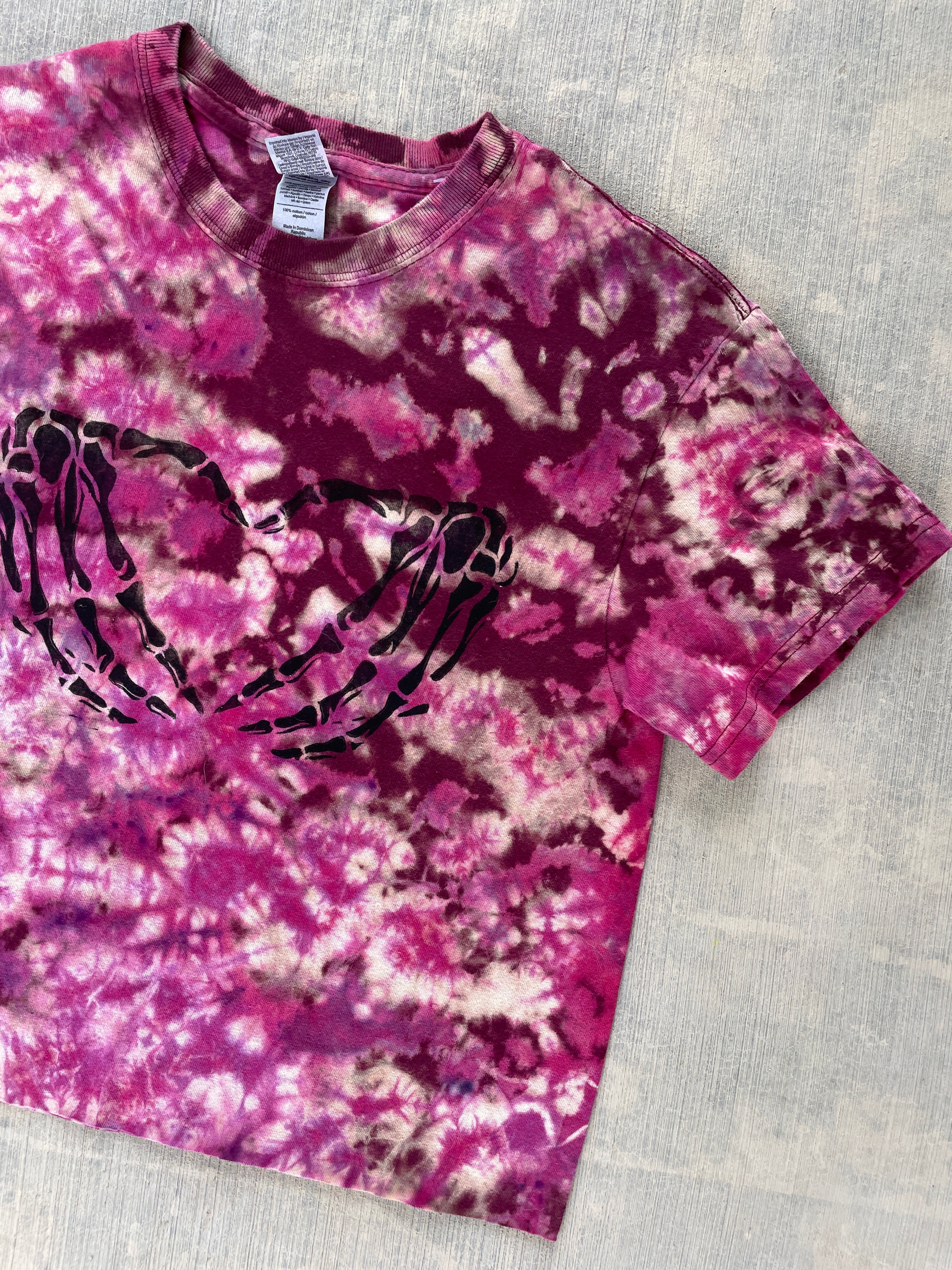 Hand-Printed Skeleton Heart Hands Pink and White Reverse Tie Dye Short Sleeve Crop Top | Men's Size Small