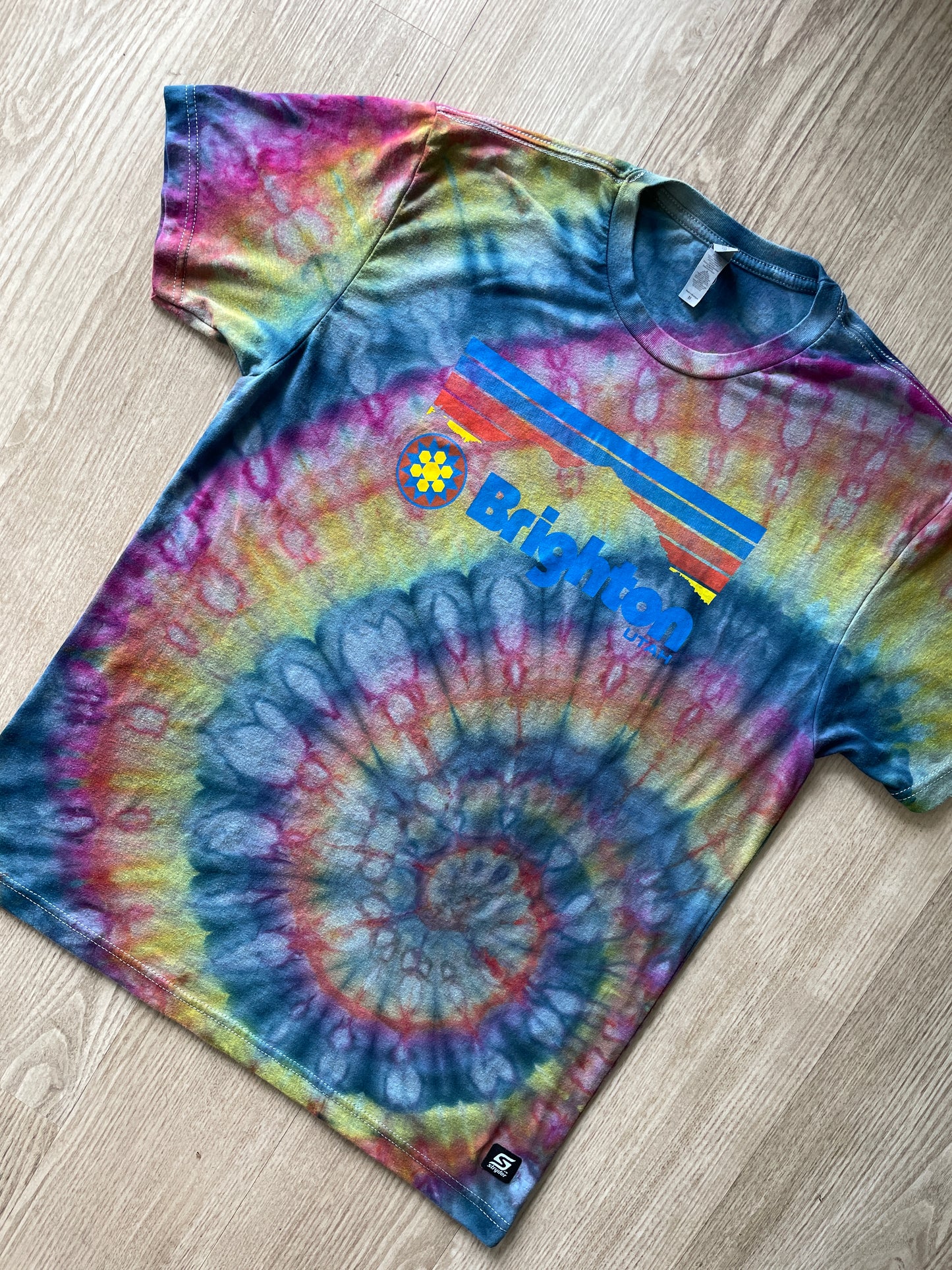 MEDIUM Men’s Brighton Ski Resort Handmade Ice Dye Spiral Short Sleeve T-Shirt | One-Of-a-Kind Pastel Blue, Pink, and Yellow Tie Dye Top